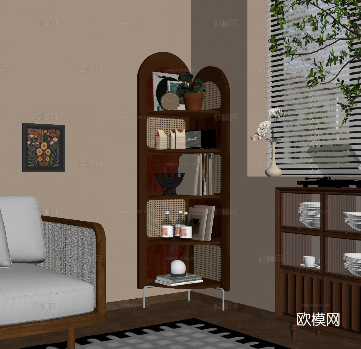 中古风墙角柜 置物架su模型