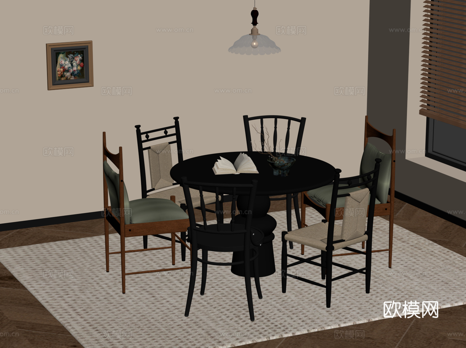 法式复古风餐桌椅 圆形餐桌su模型