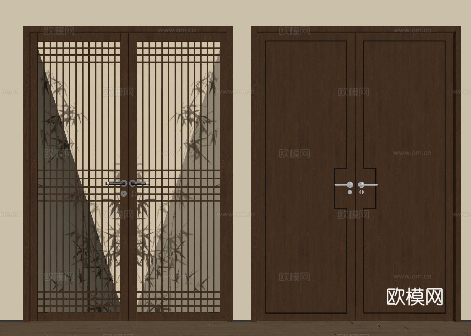 新中式侘寂双开门 中古平开门 入户门 防盗门 通顶对开门 别su模型