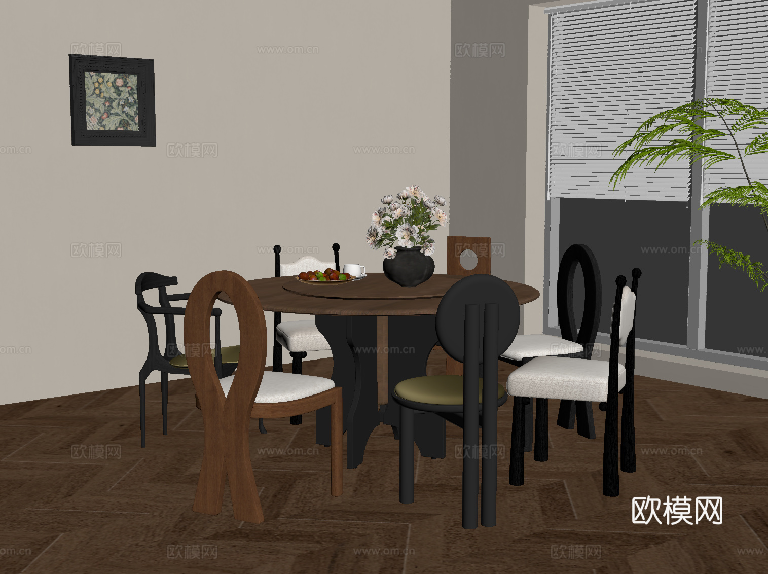 法式复古风餐桌椅 圆形餐桌su模型