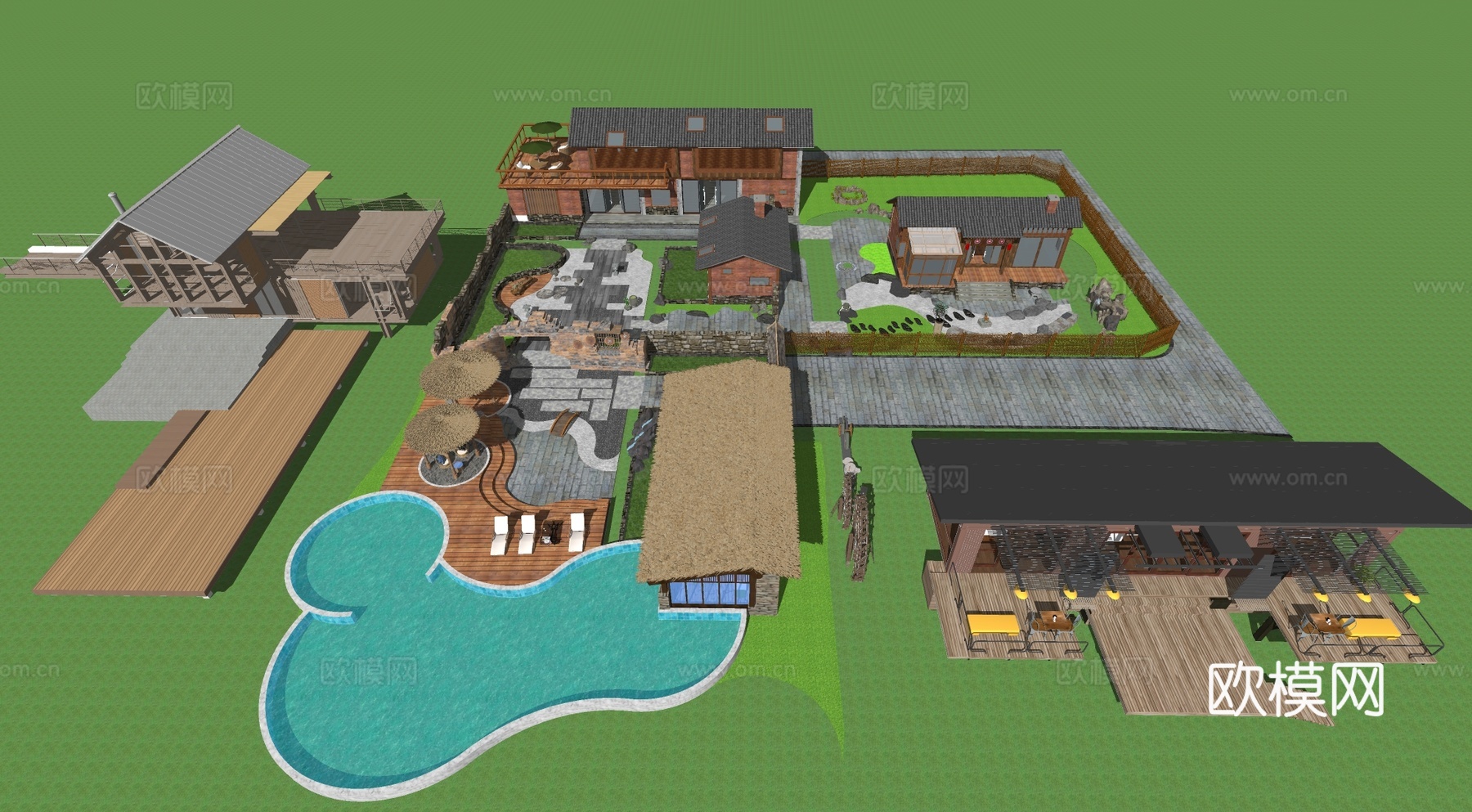 新中式民宿客栈酒店旅游度假村乡村别墅建筑su模型