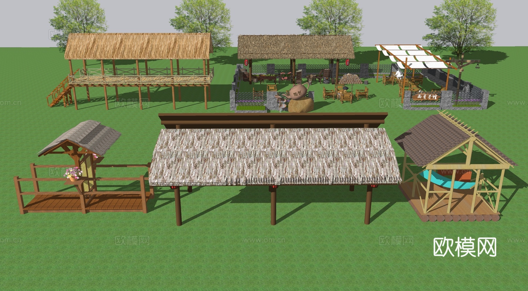 茅草亭茅草屋su模型