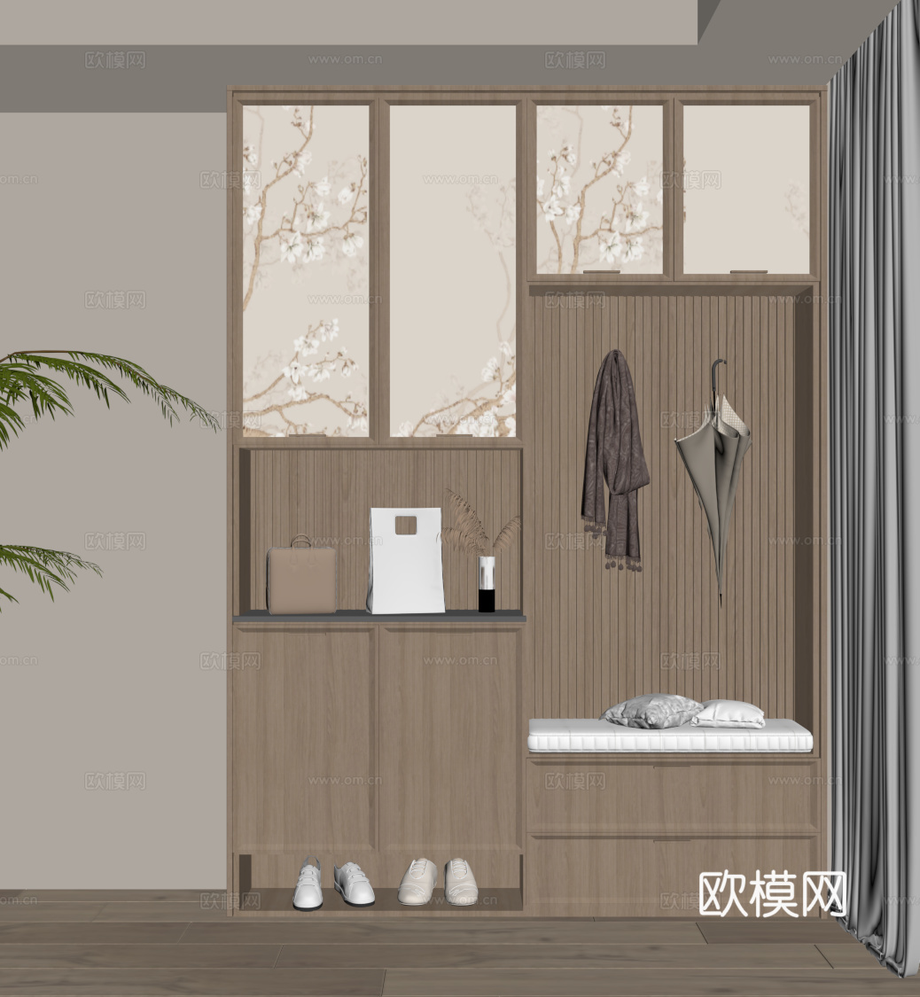 新中式鞋柜 入户鞋柜su模型