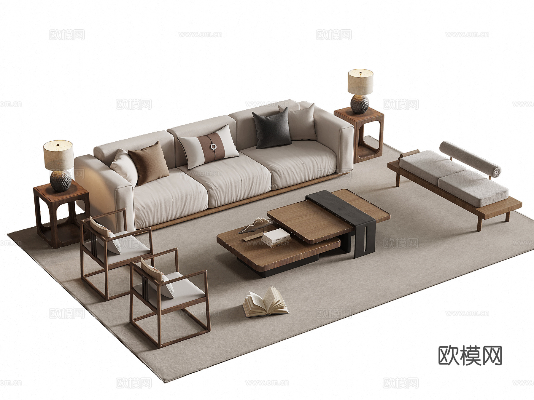 中古风沙发茶几组合su模型