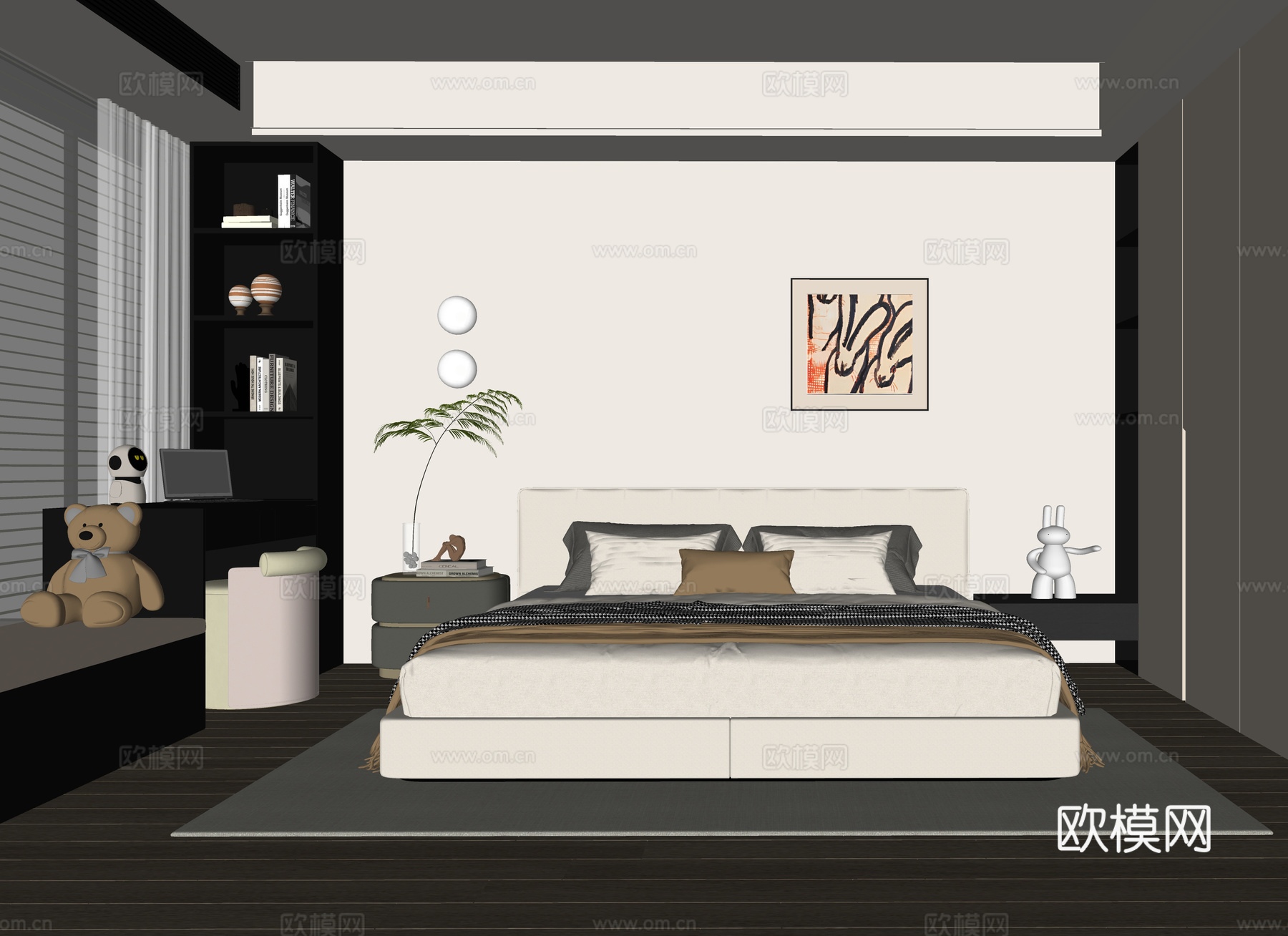 现代卧室 双人床 床头柜su模型