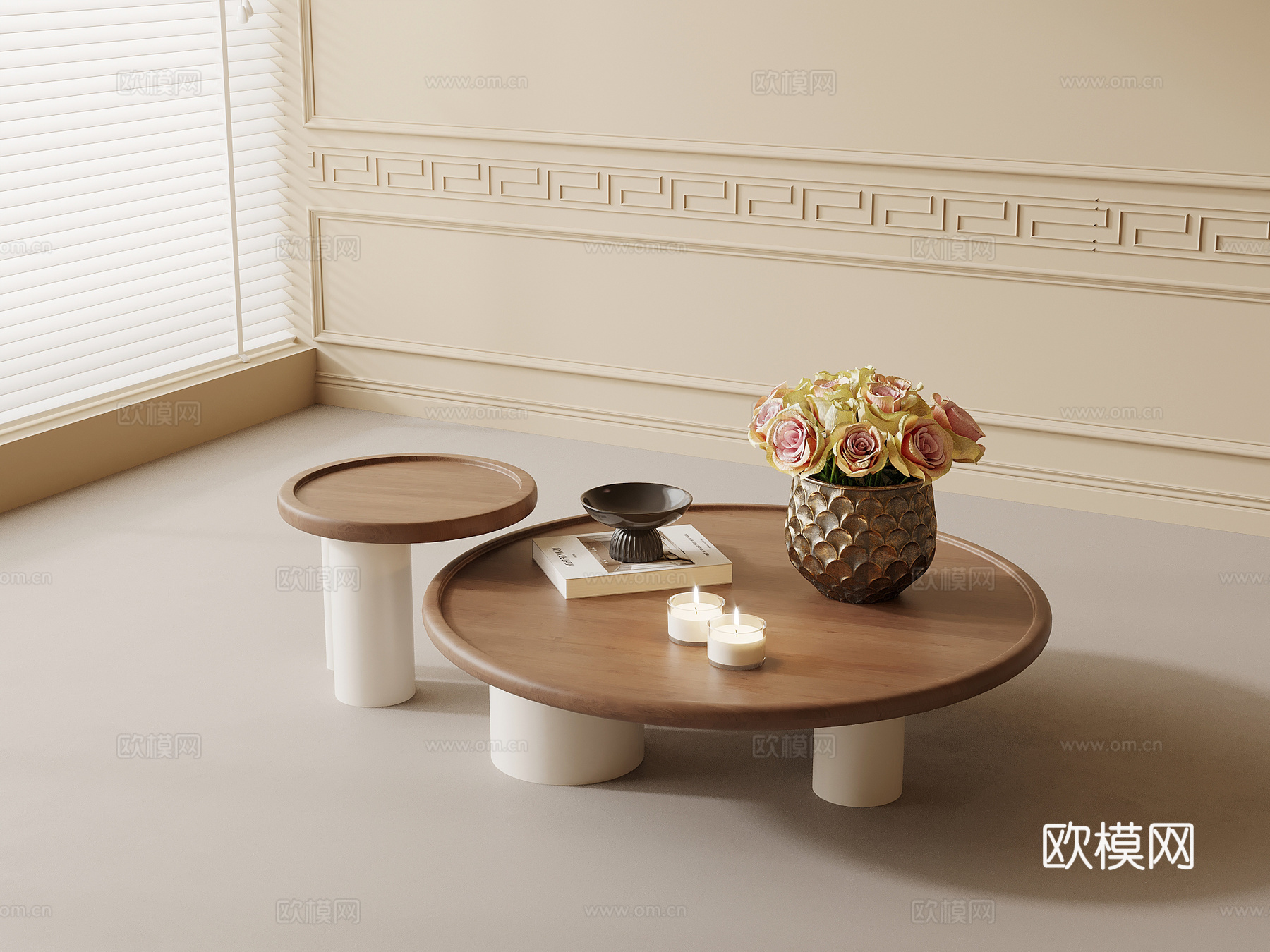 中古风茶几 子母几 圆形茶几su模型