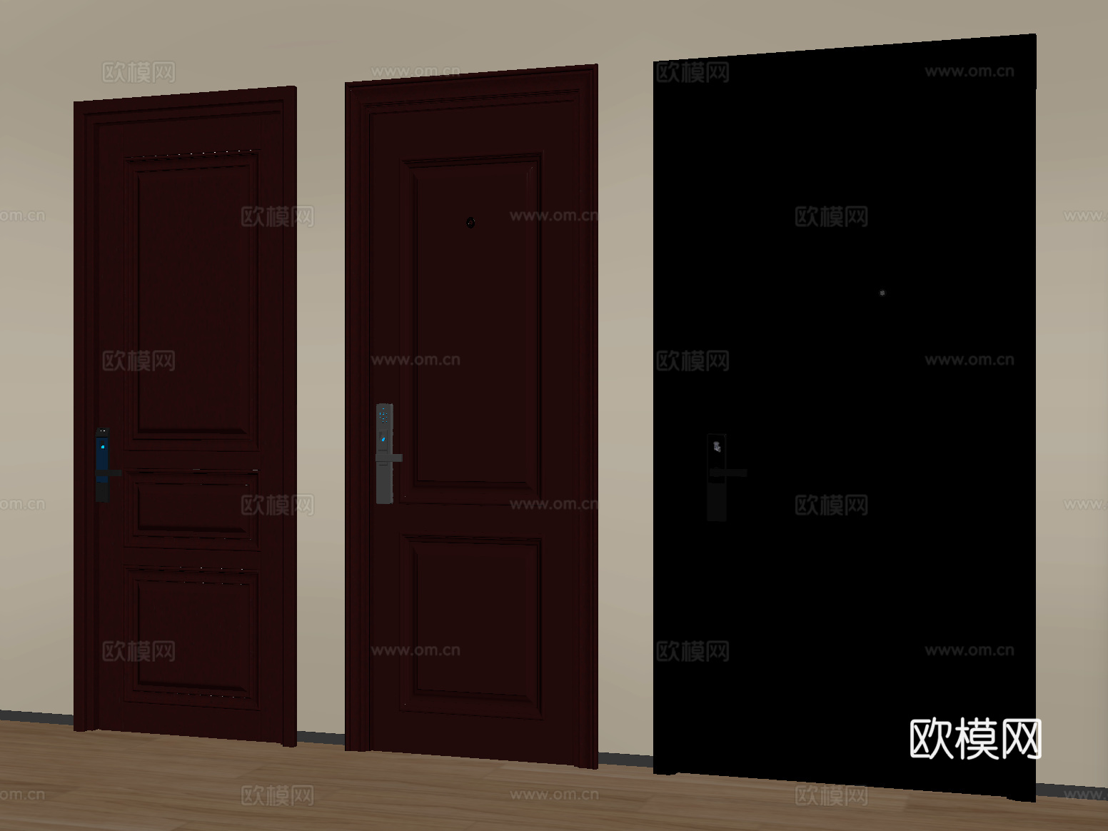 现代入户门 防盗门 密码锁指纹锁  实木单开门su模型