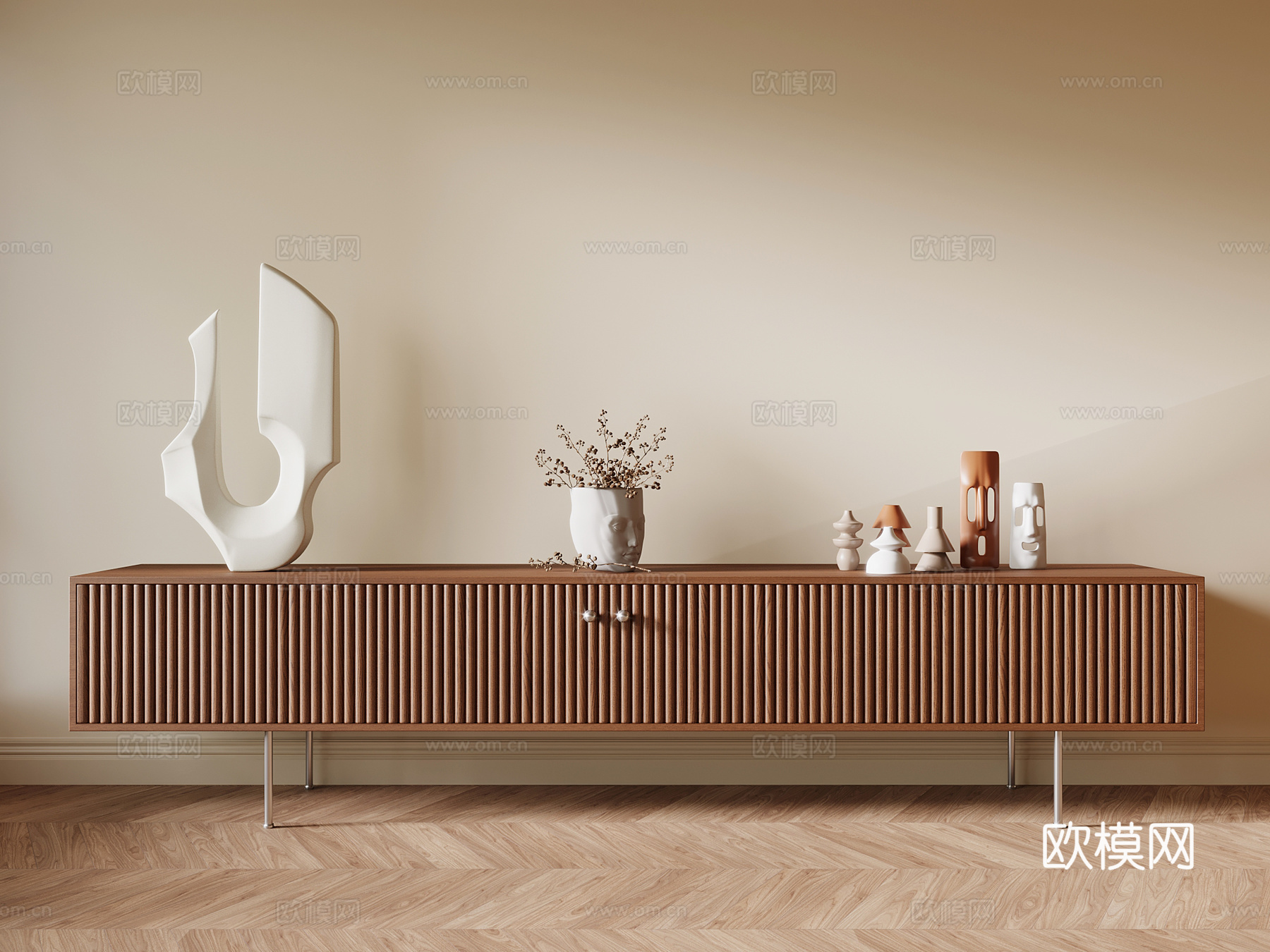 中古风电视柜 边柜su模型下载（渲染图1）