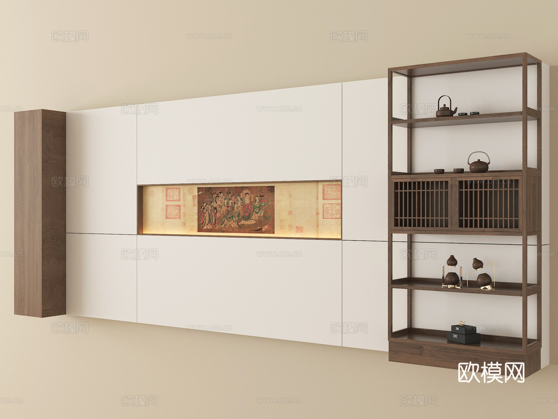 新中式背景墙 置物架 茶柜 茶具su模型