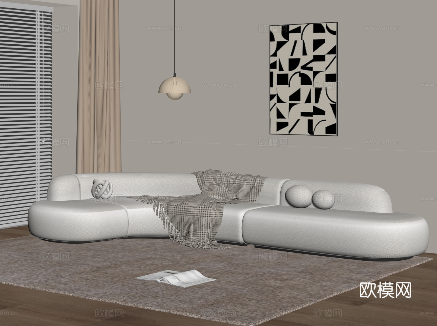 现代布艺沙发 弧形沙发 多人沙发su模型