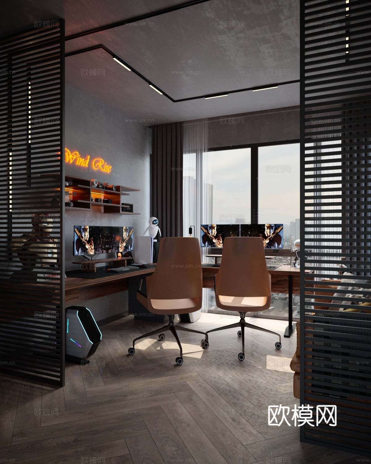 现代轻工业风公寓卧室 卧室工作室电竞房一体 酒店客房3d模型