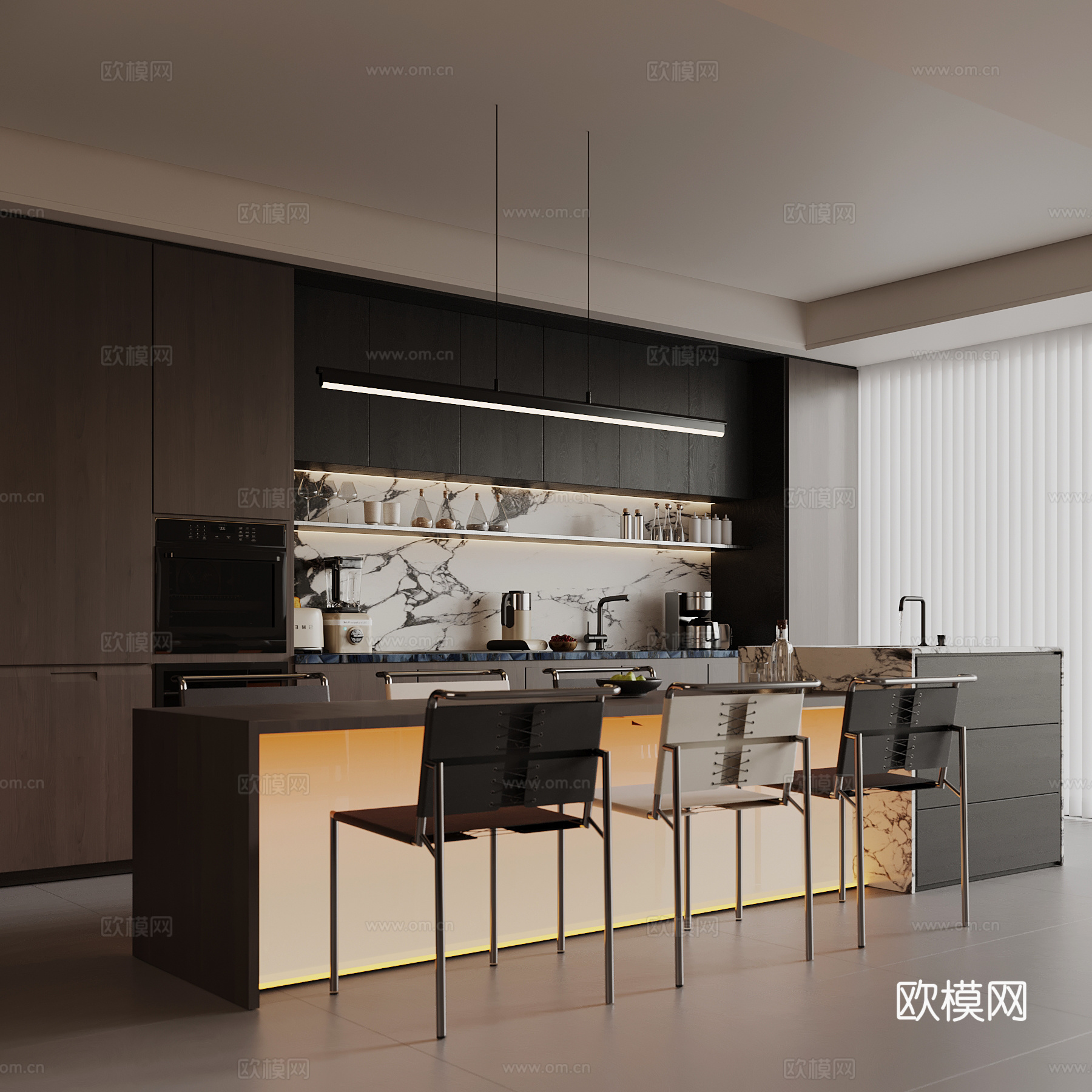 现代意式餐厅 岛台 餐桌椅 酒柜su模型