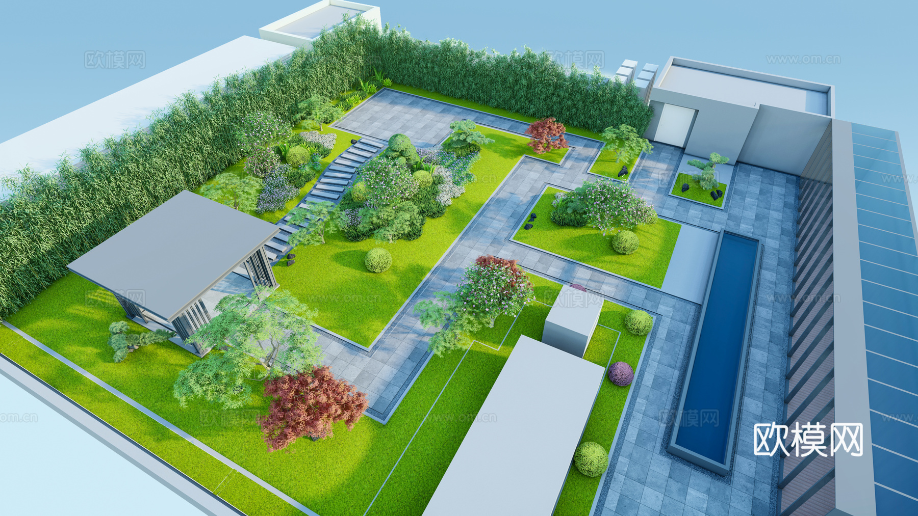 新中式屋顶花园 屋顶花园 花园 露台 平台 新中式屋顶花园su模型