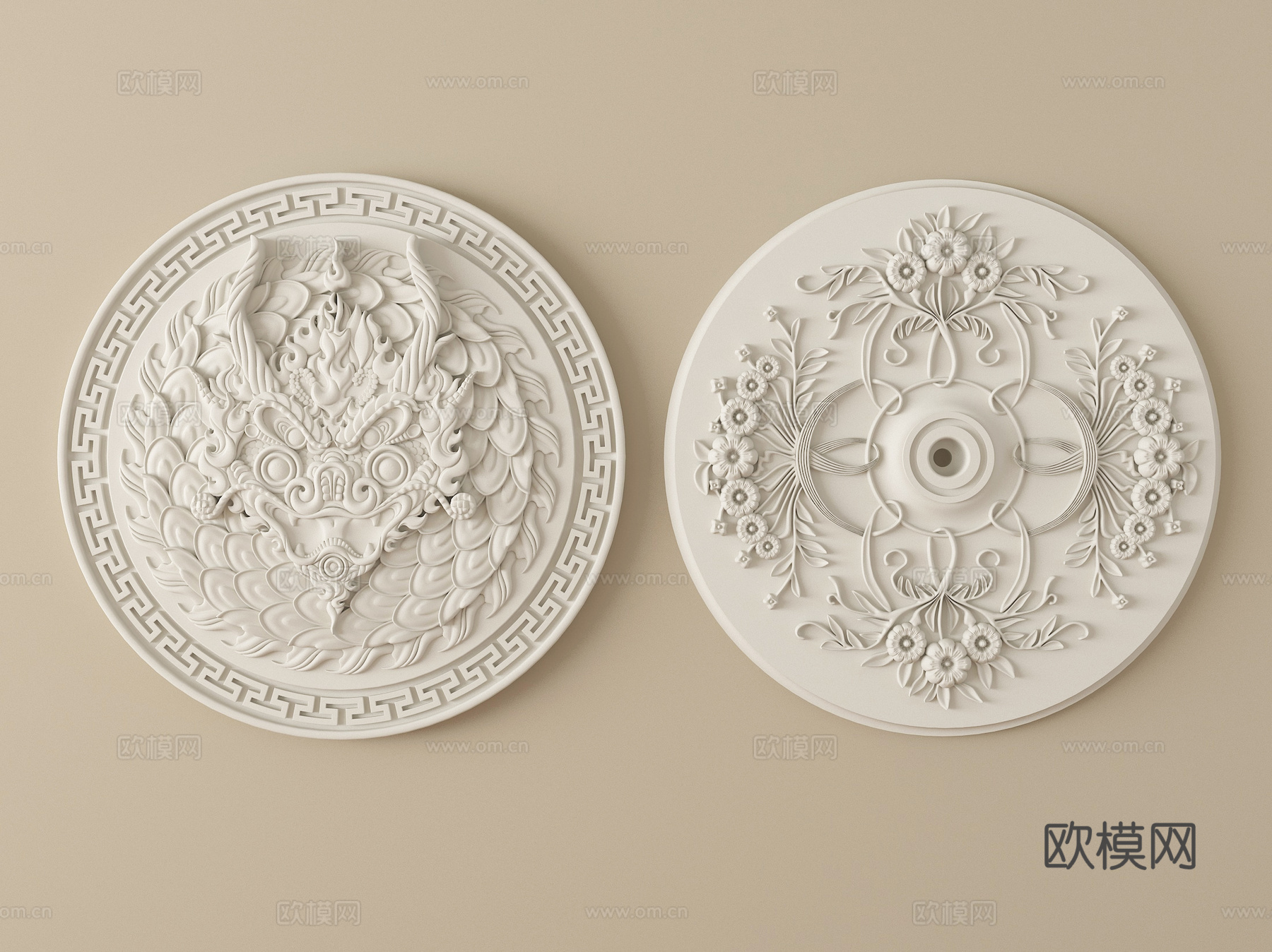 法式雕花灯盘 圆形灯盘 石膏灯盘su模型
