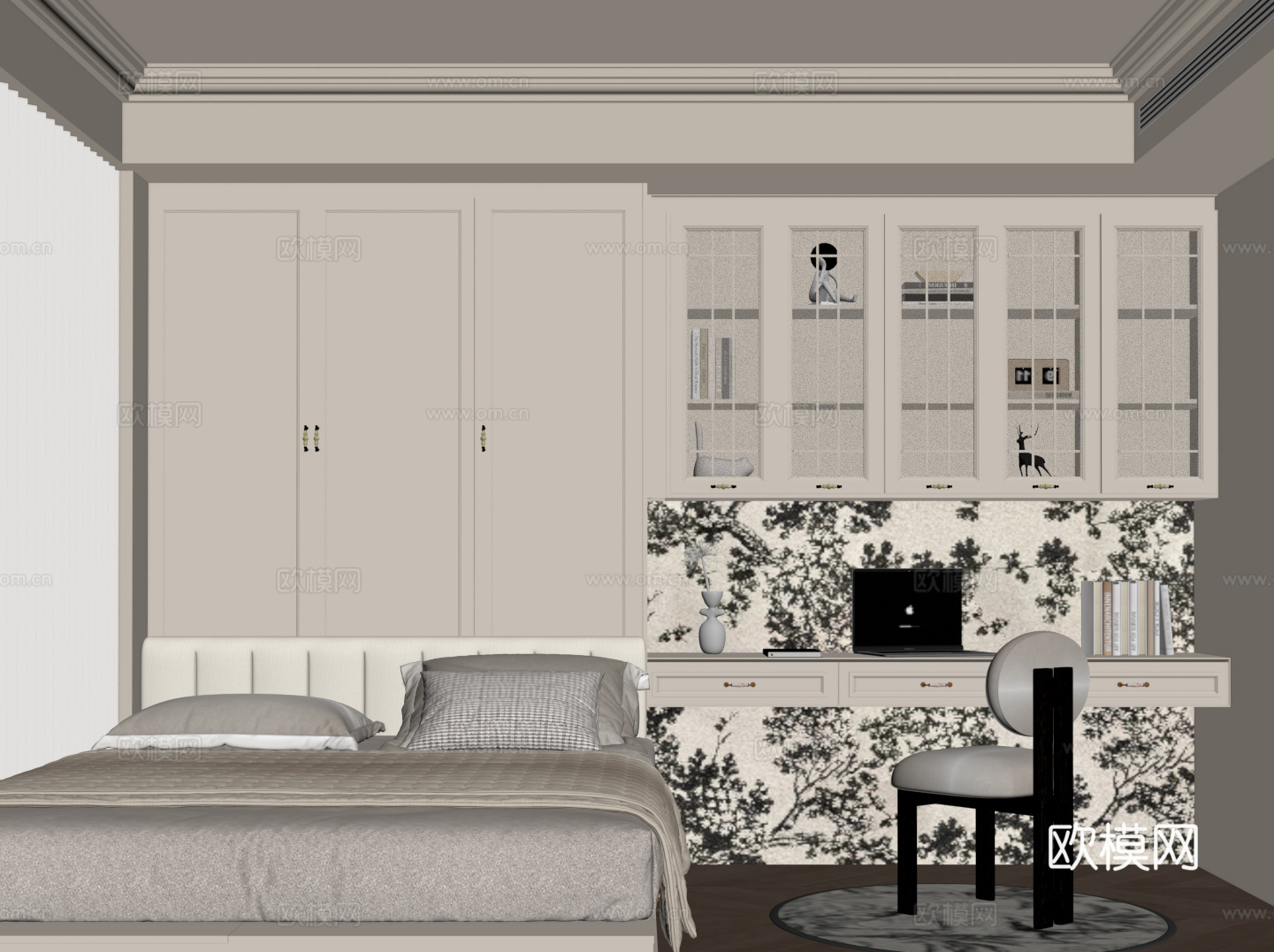 法式奶油风榻榻米卧室su模型