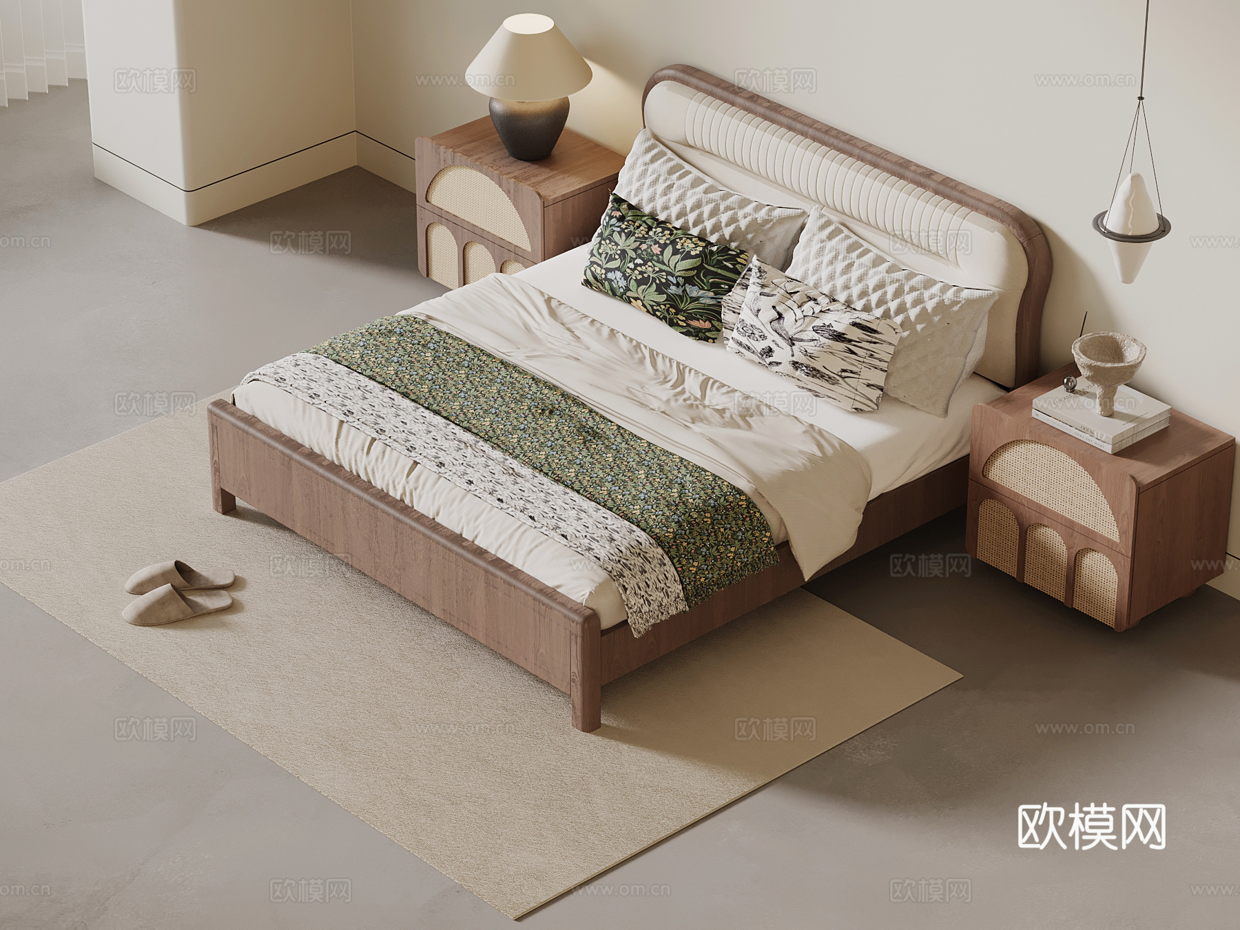 中古风双人床su模型下载（渲染图1）