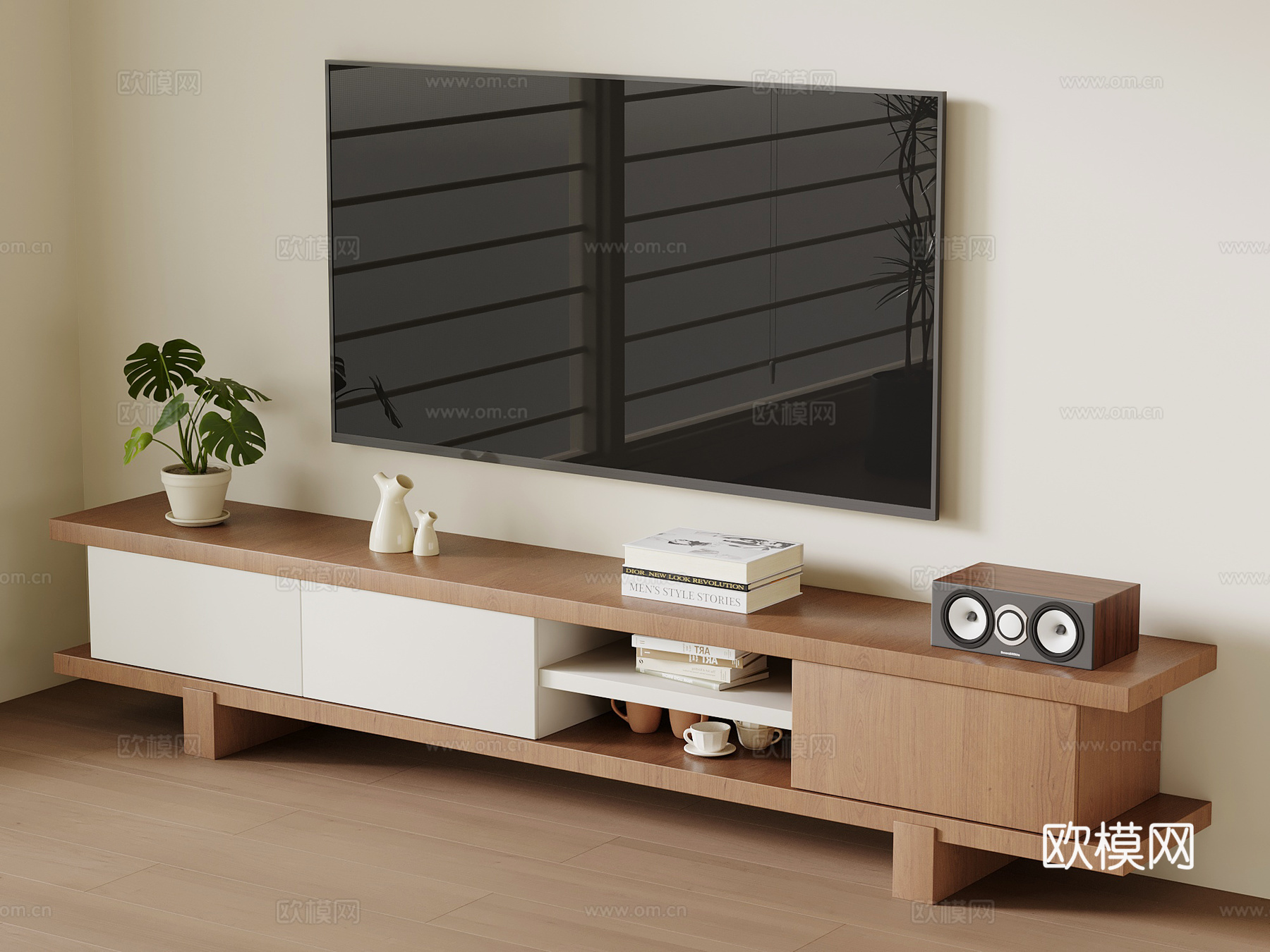 侘寂中古风电视柜su模型下载（渲染图1）