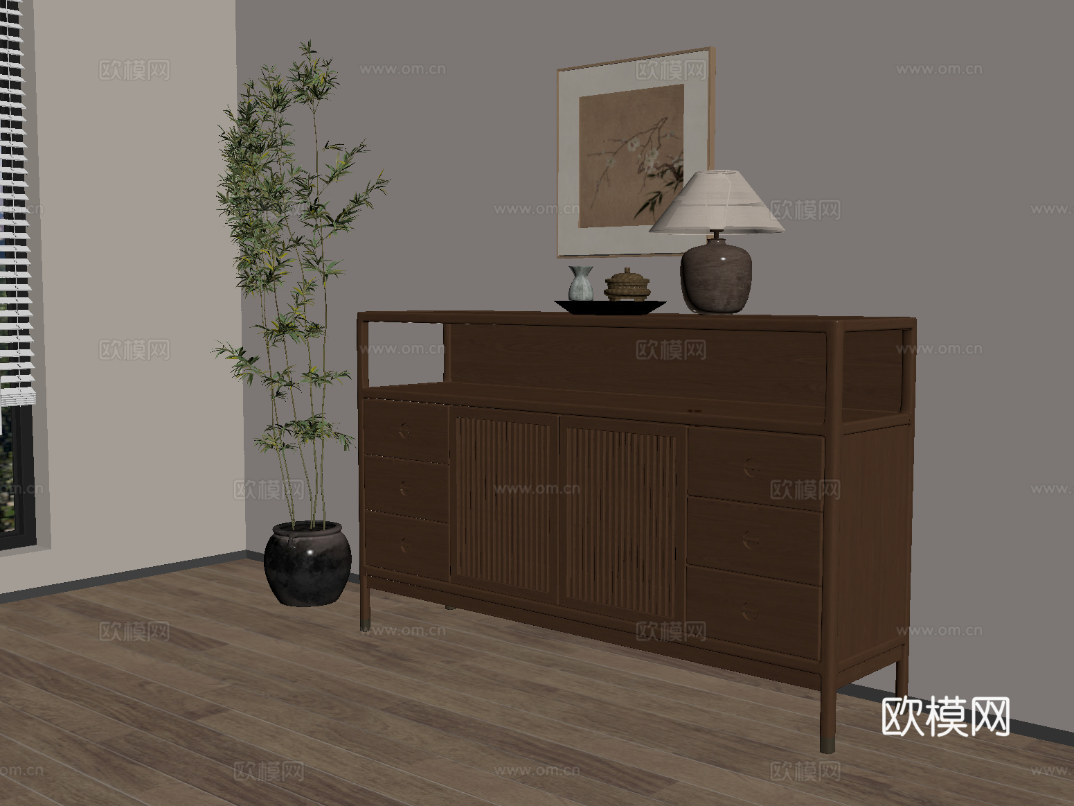 新中式玄关柜 边柜 储物柜 装饰柜 挂画 摆件su模型