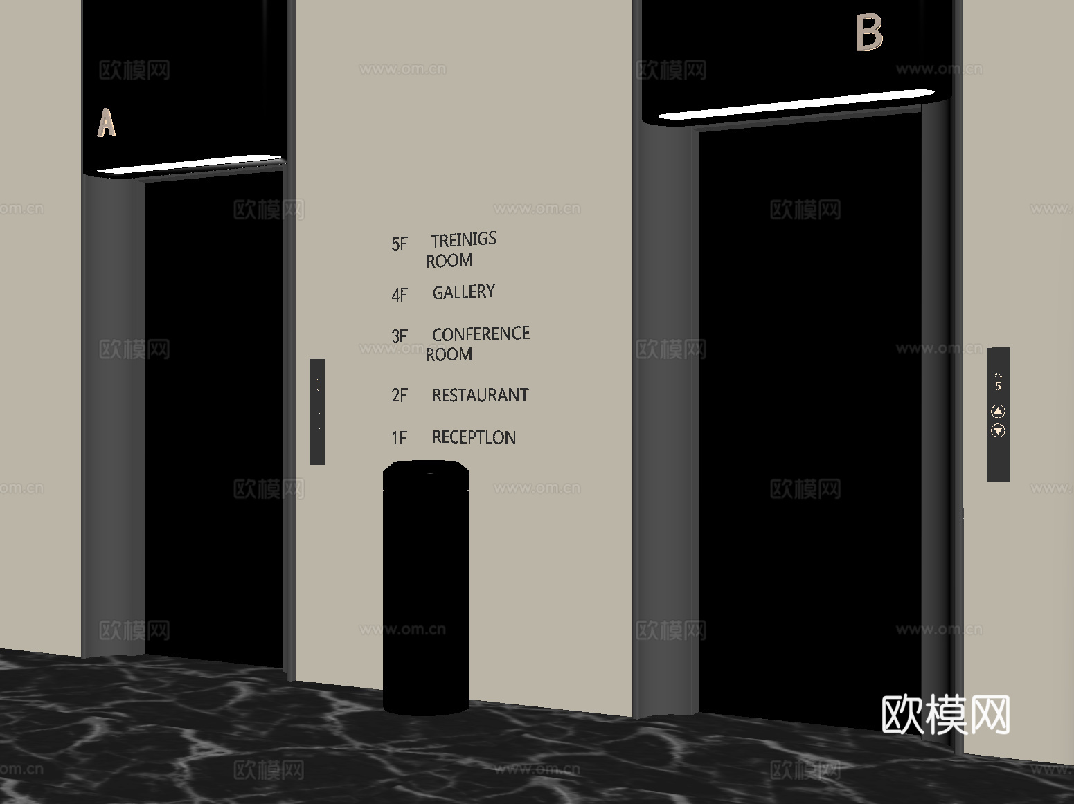 现代电梯厅 电梯间 升降梯 标识指示 垃圾桶su模型
