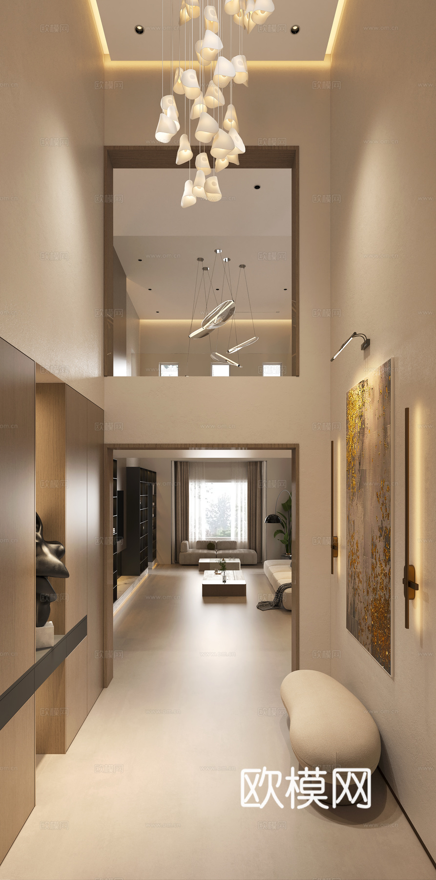 现代别墅门厅入户 现代复式玄关门厅 意式别墅端景挂画 别墅客3d模型下载（渲染图1）