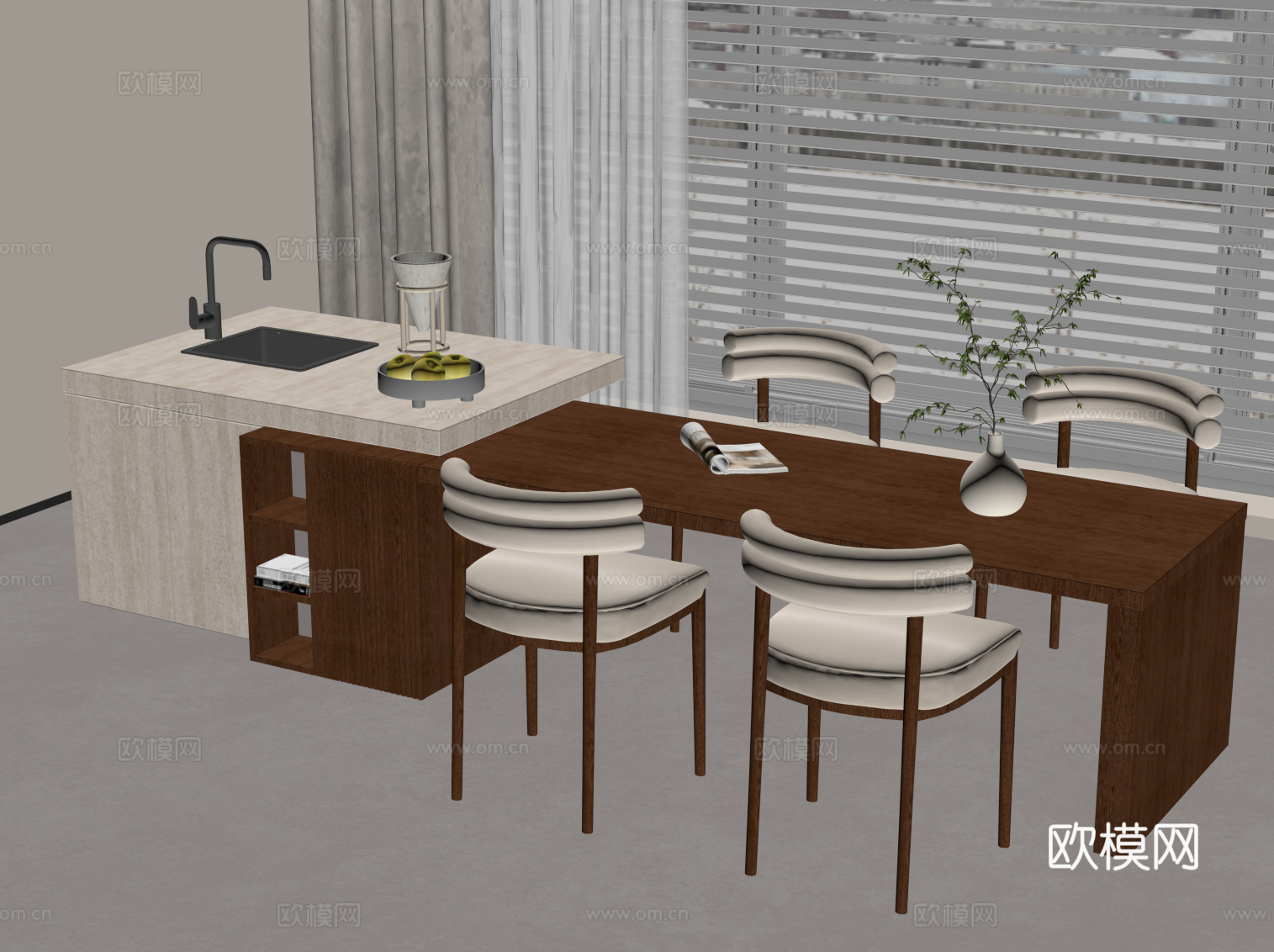 中古风餐桌椅 岛台餐桌椅su模型