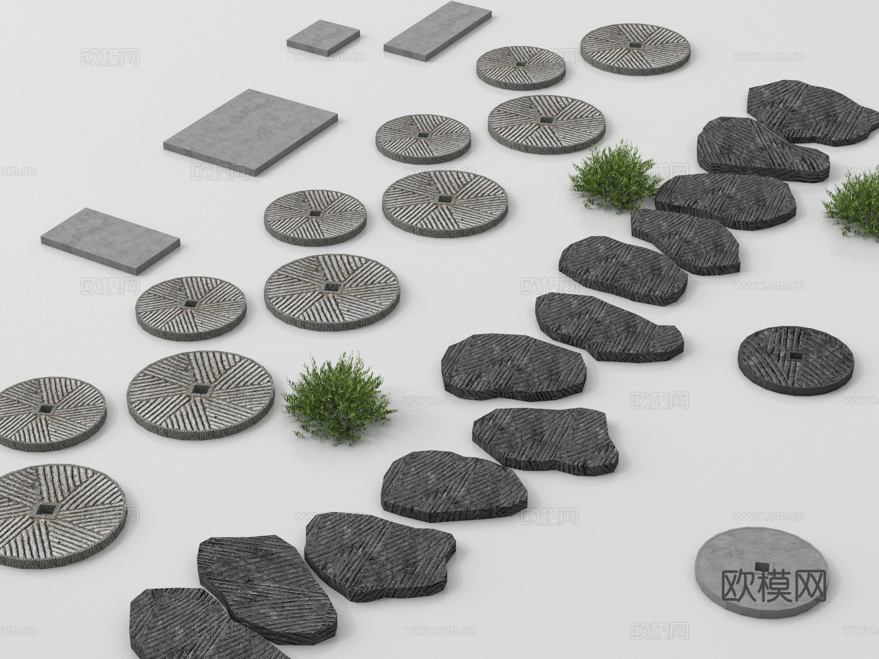 现代老石板 汀步 石板路 游步道 园林铺装su模型