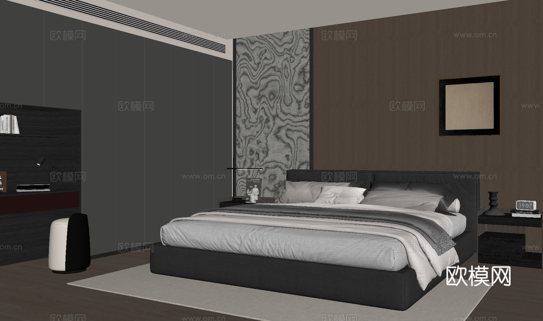 现代意式卧室 背景墙 衣柜 梳妆台su模型