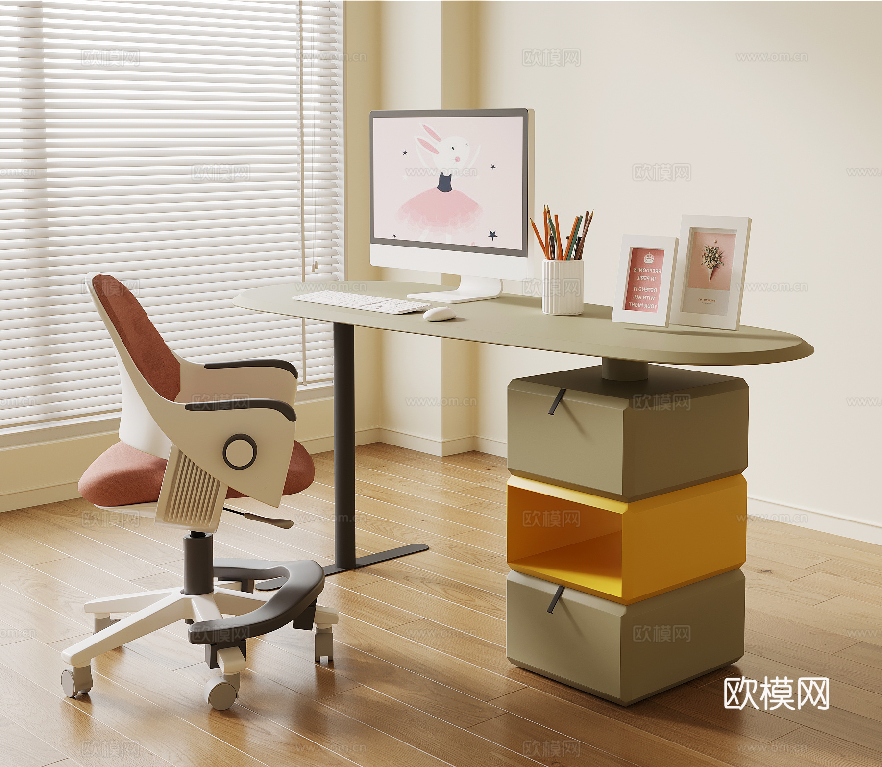 现代儿童学习桌 书桌3d模型下载