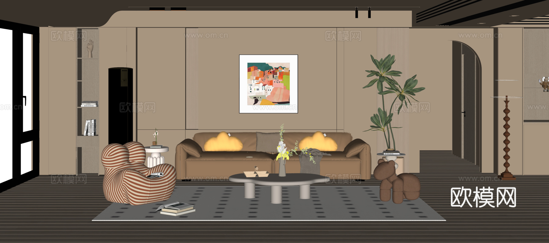 奶油风现代客厅 沙发背景墙 沙发茶几组合su模型