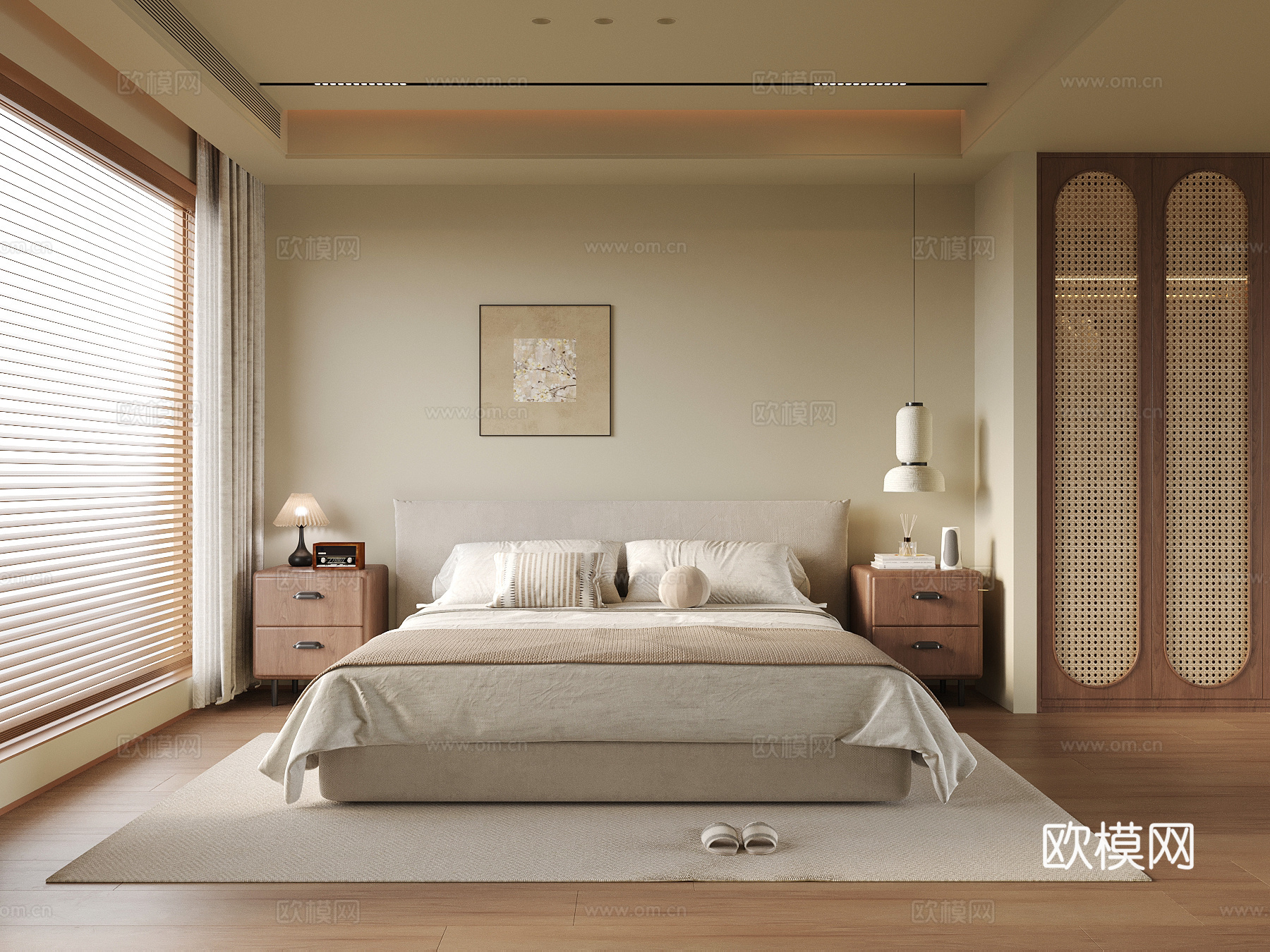 中古风卧室 双人床 床头柜3d模型下载