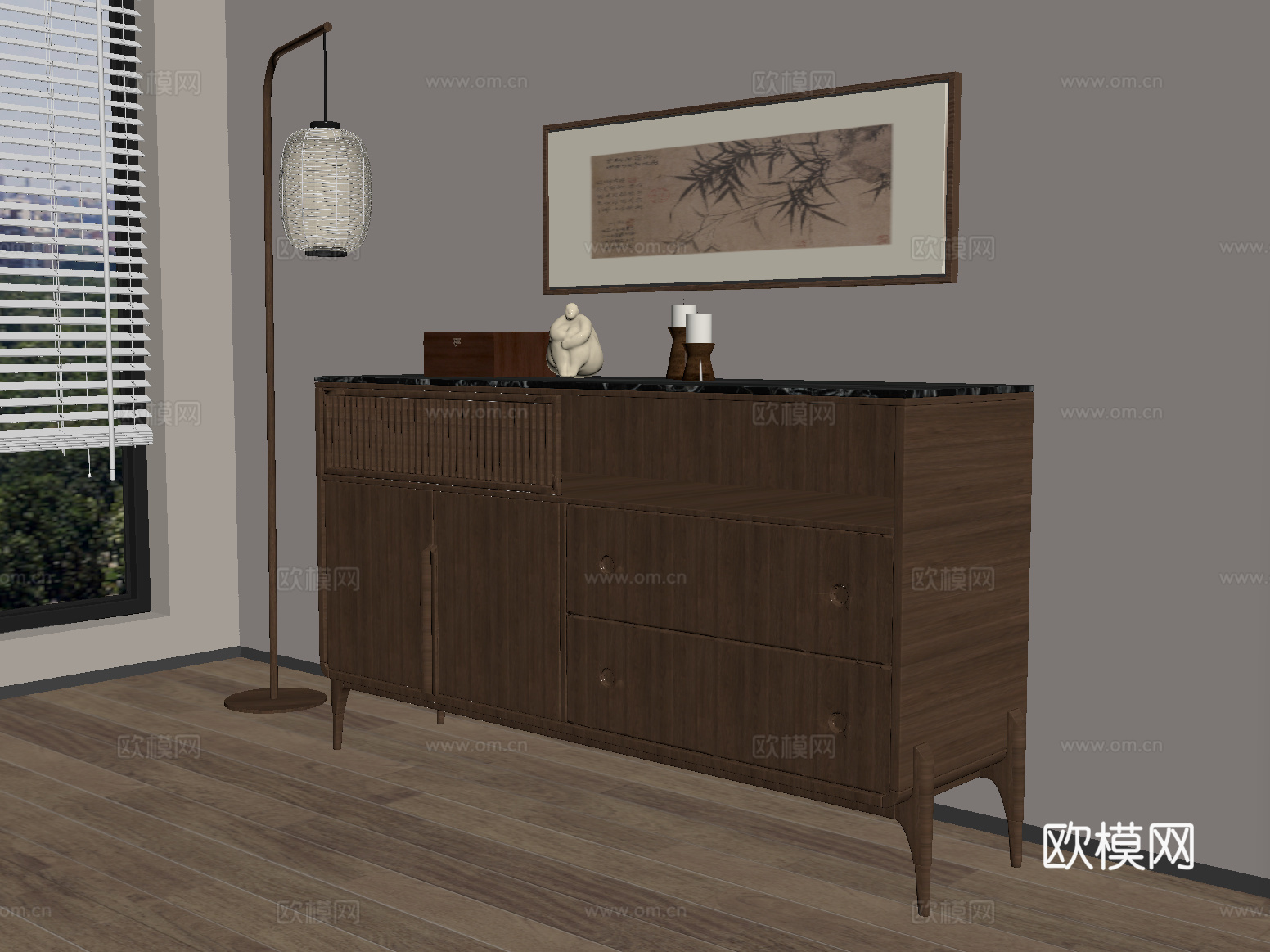 新中式玄关柜 边柜 储物柜 装饰柜 挂画 摆件su模型