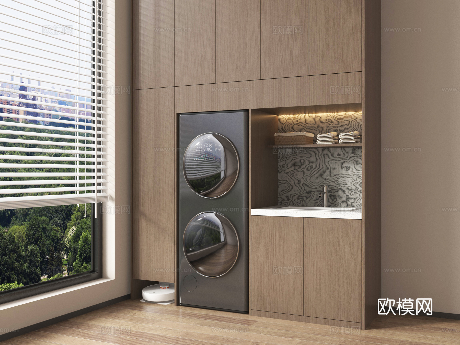 现代洗衣机柜 阳台柜 洗烘一体机 扫地机器人su模型