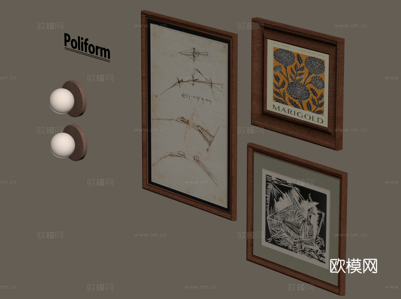 现代中古风挂画 客厅装饰画su模型