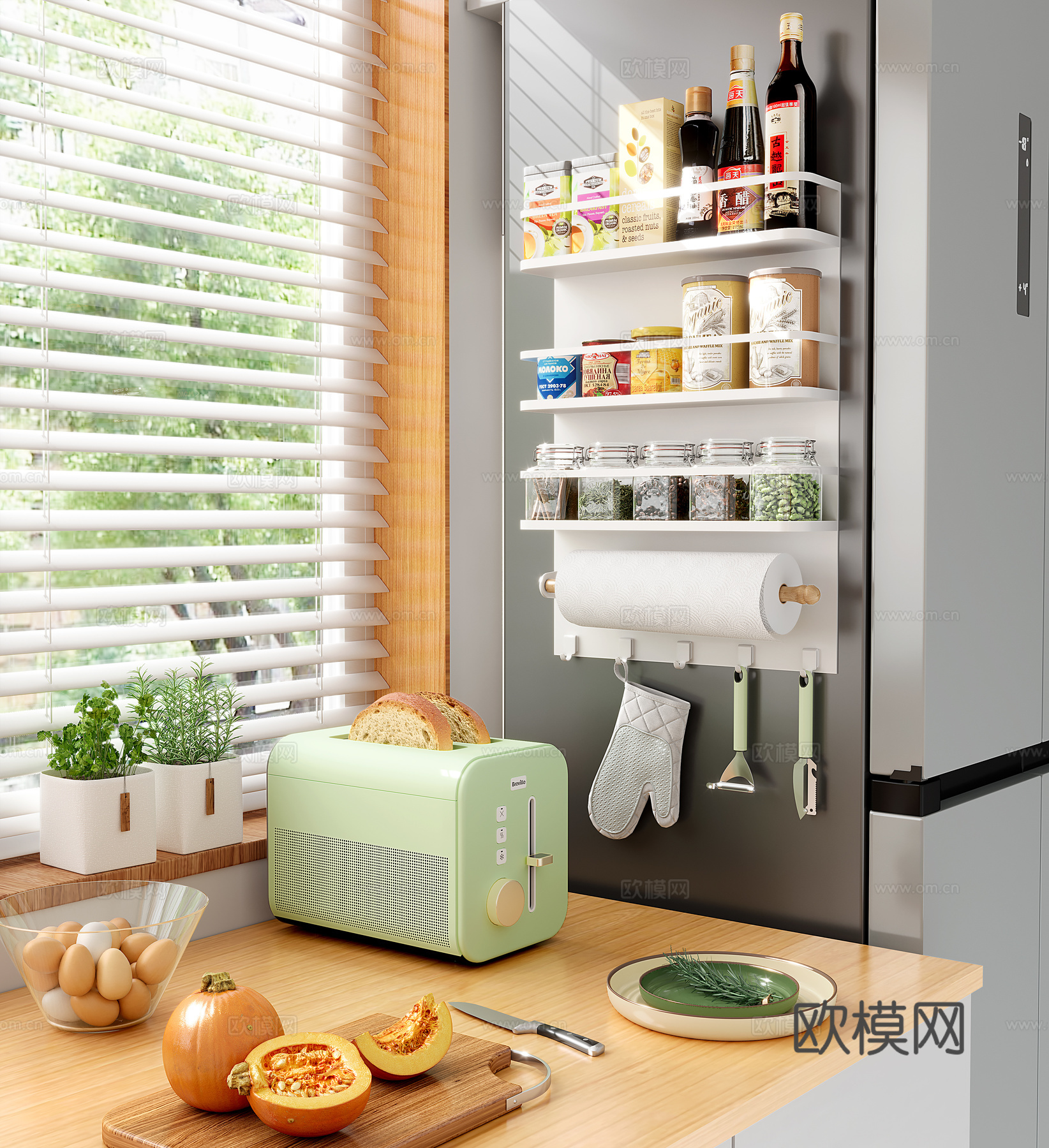 现代厨房用品 冰箱架 保鲜膜架 面包机 电商小场景3d模型下载