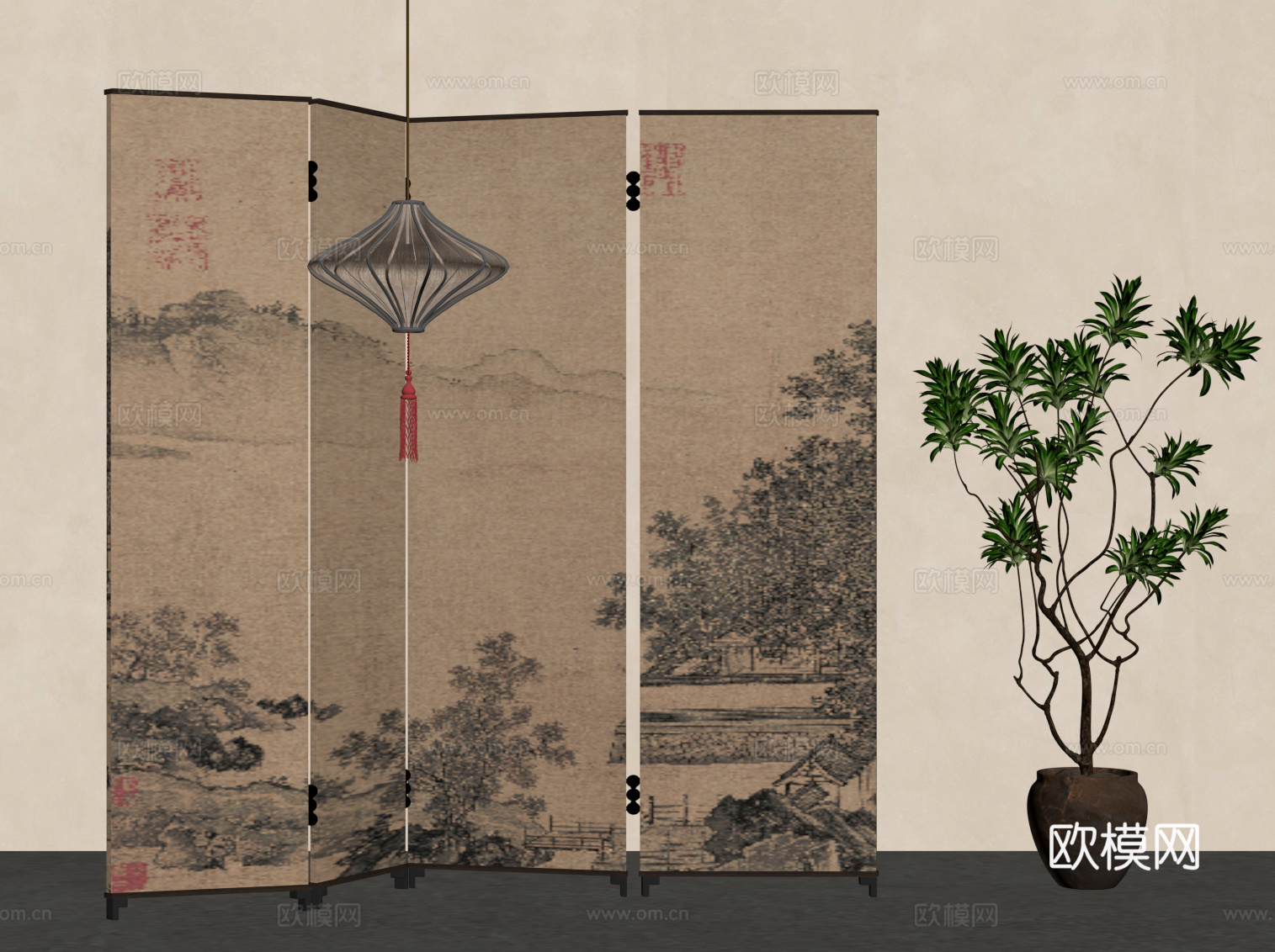 新中式屏风 宋氏风隔断su模型