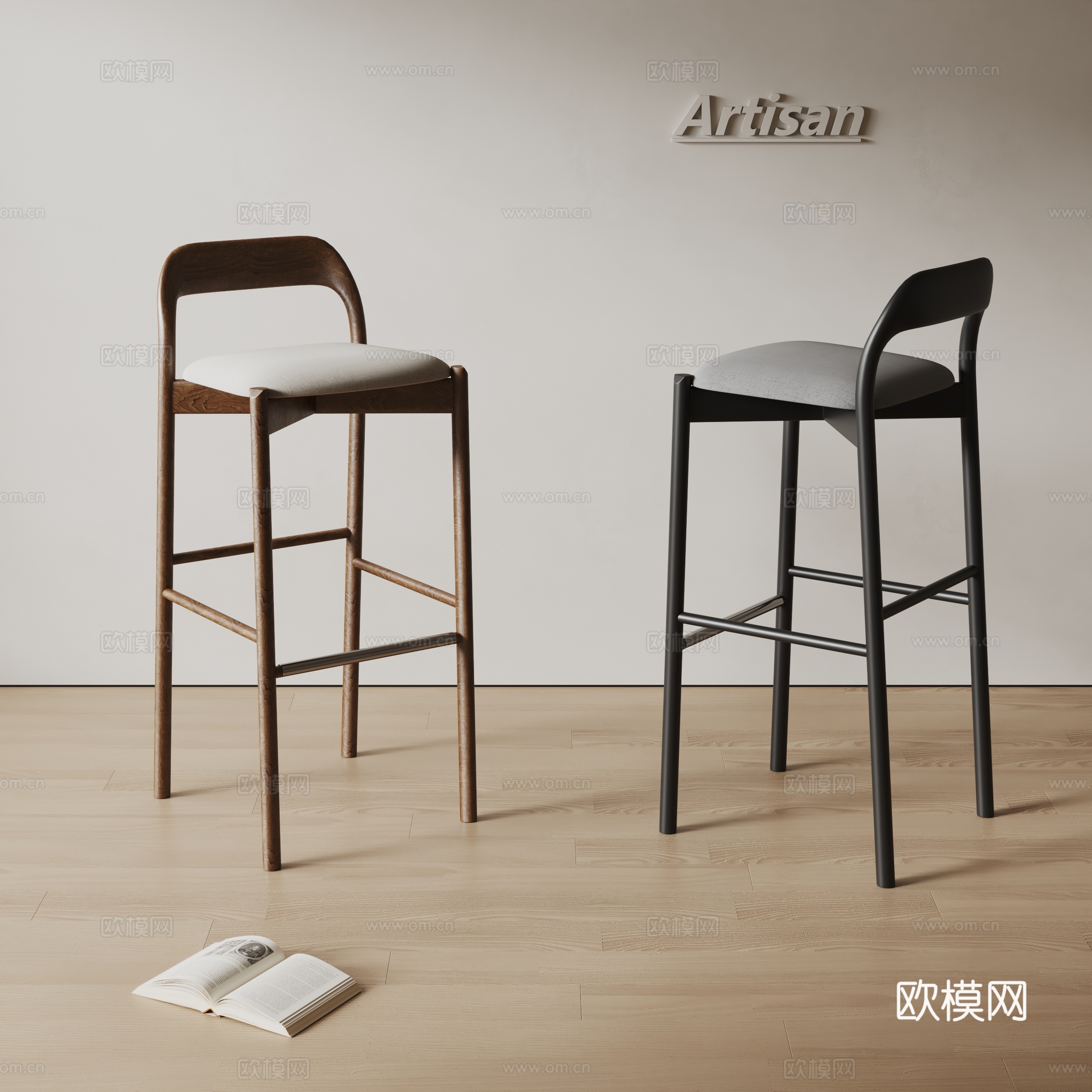 Artisan现代吧椅 椅子 实木吧凳 布艺吧椅su模型