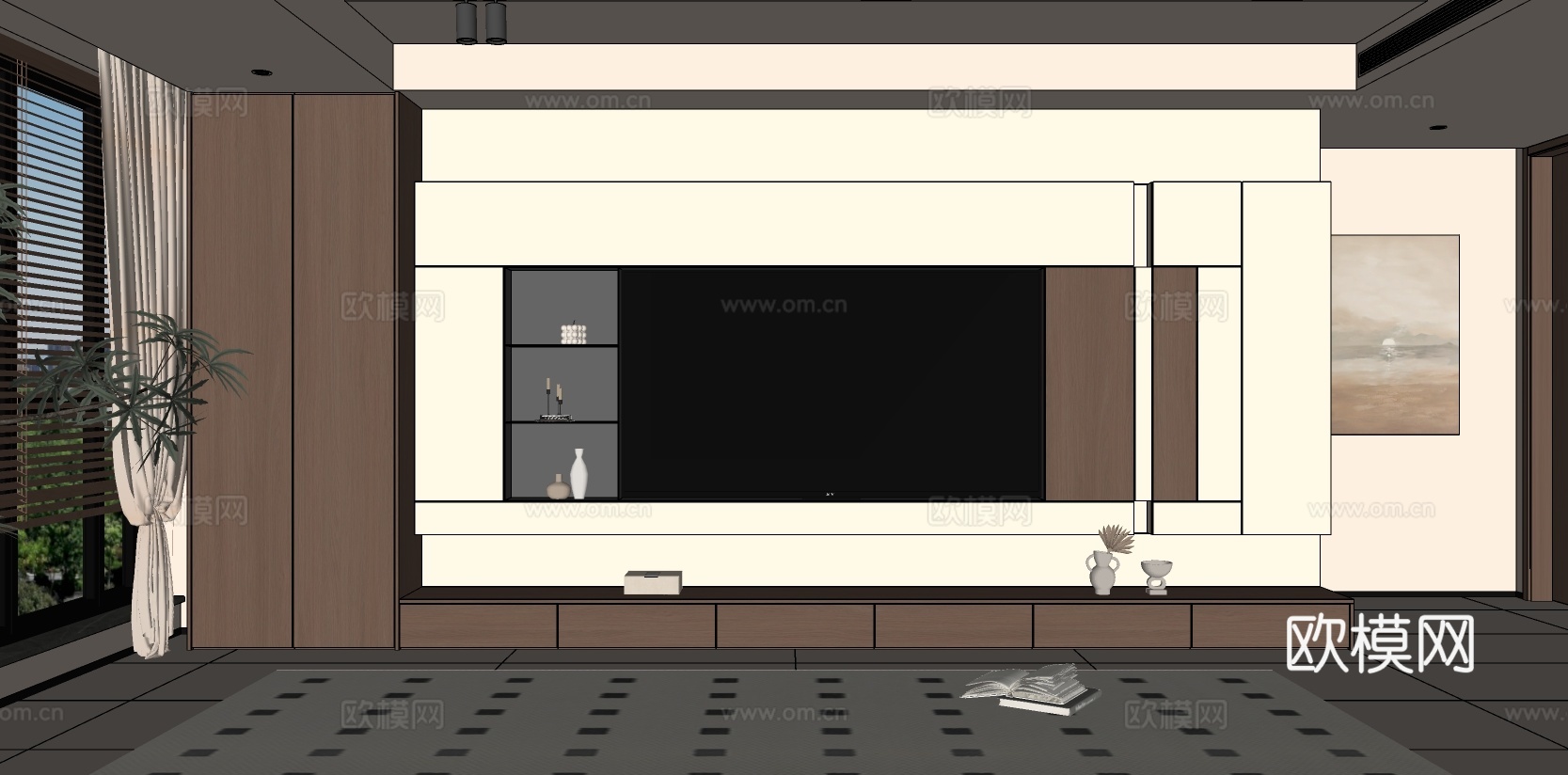 现代中古风电视背景墙 客厅电视墙 客厅电视墙阳台柜su模型