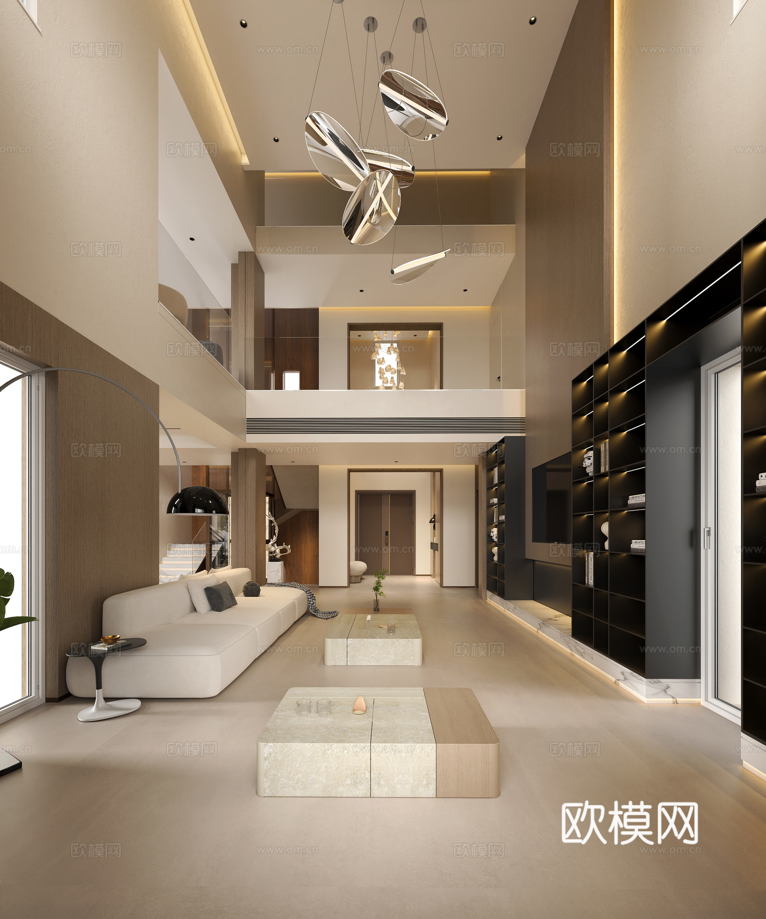 现代复式挑空客厅 现代意式别墅客厅 现代简约复式客厅 别墅客su模型