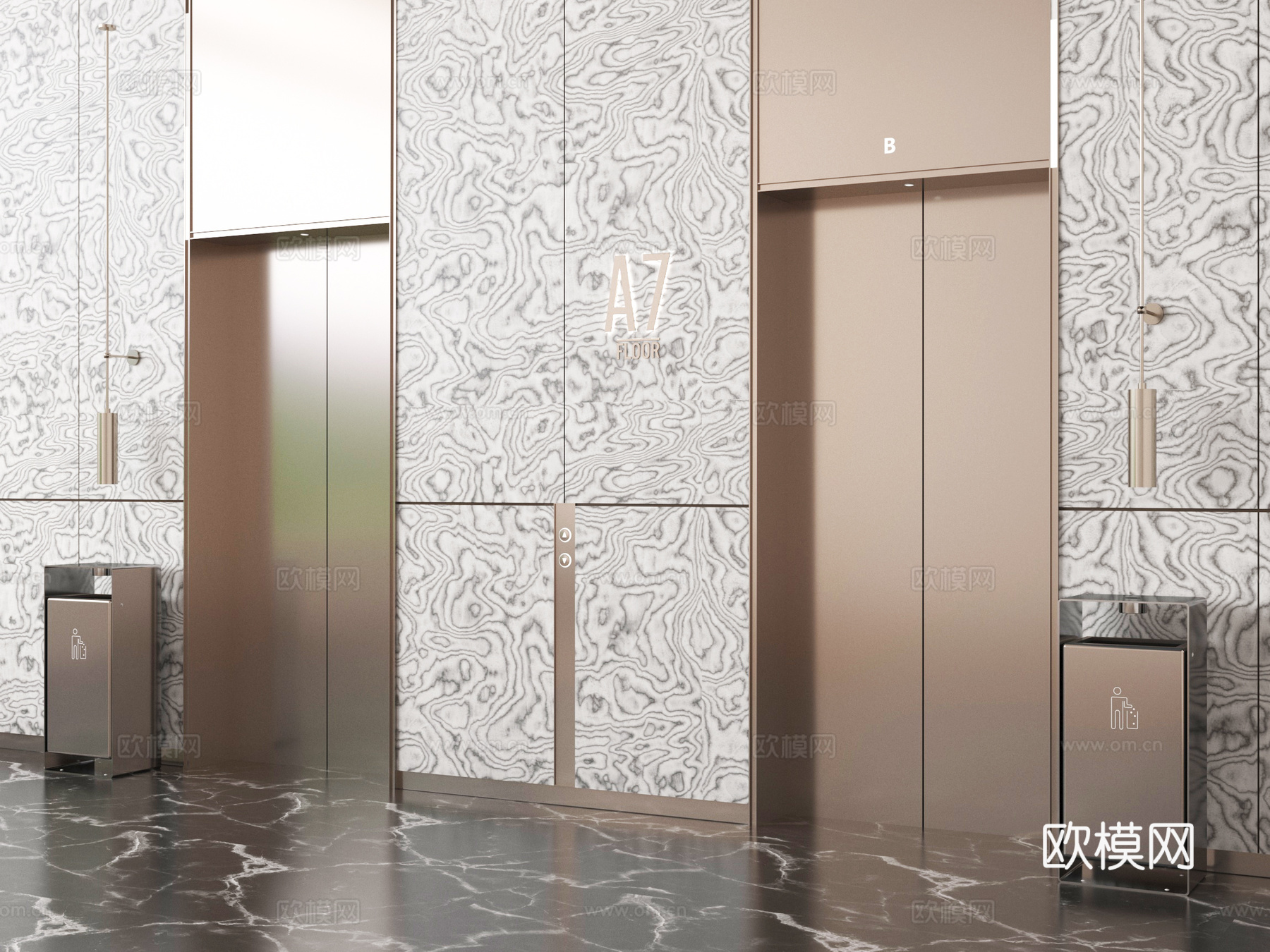 现代电梯厅 电梯间 升降梯 垃圾桶su模型