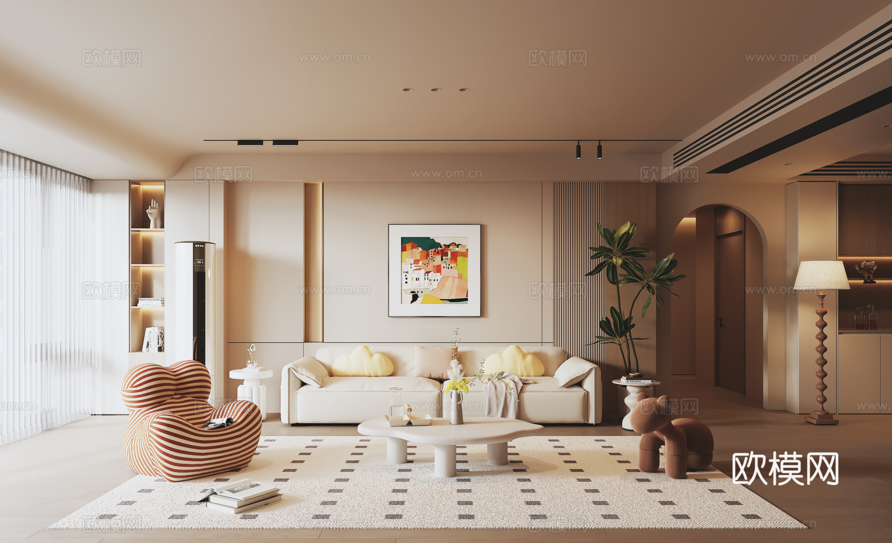 奶油风现代客厅 沙发背景墙 沙发茶几组合su模型