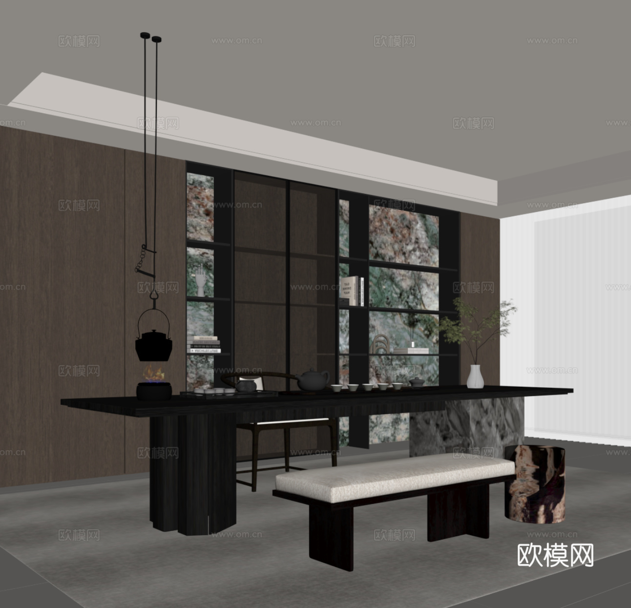 现代意式茶室 茶桌椅 书柜 书房su模型