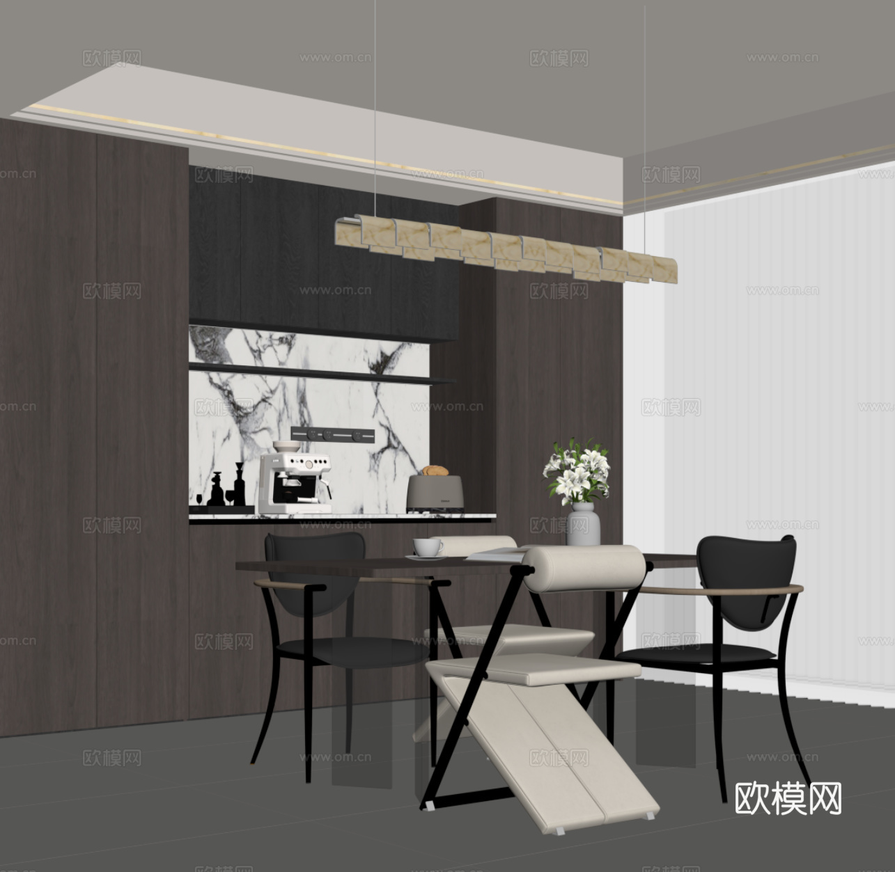现代意式餐厅 餐桌椅 酒柜su模型