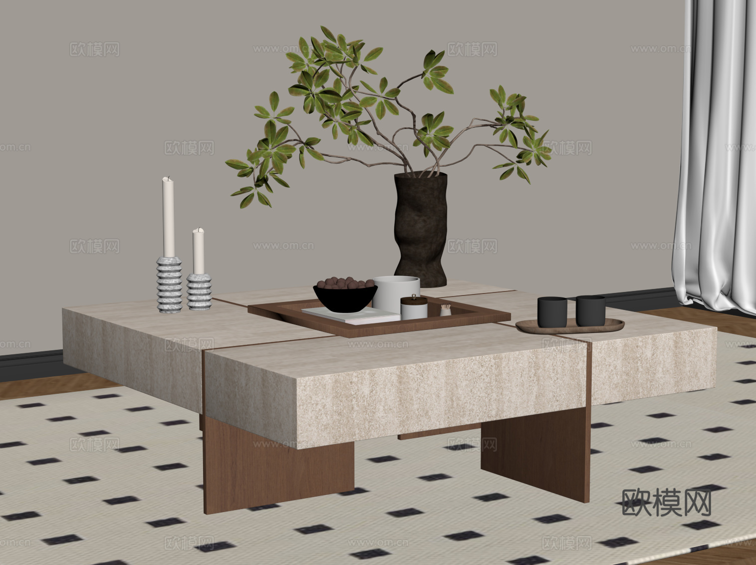 侘寂中古风茶几 大理石茶几su模型