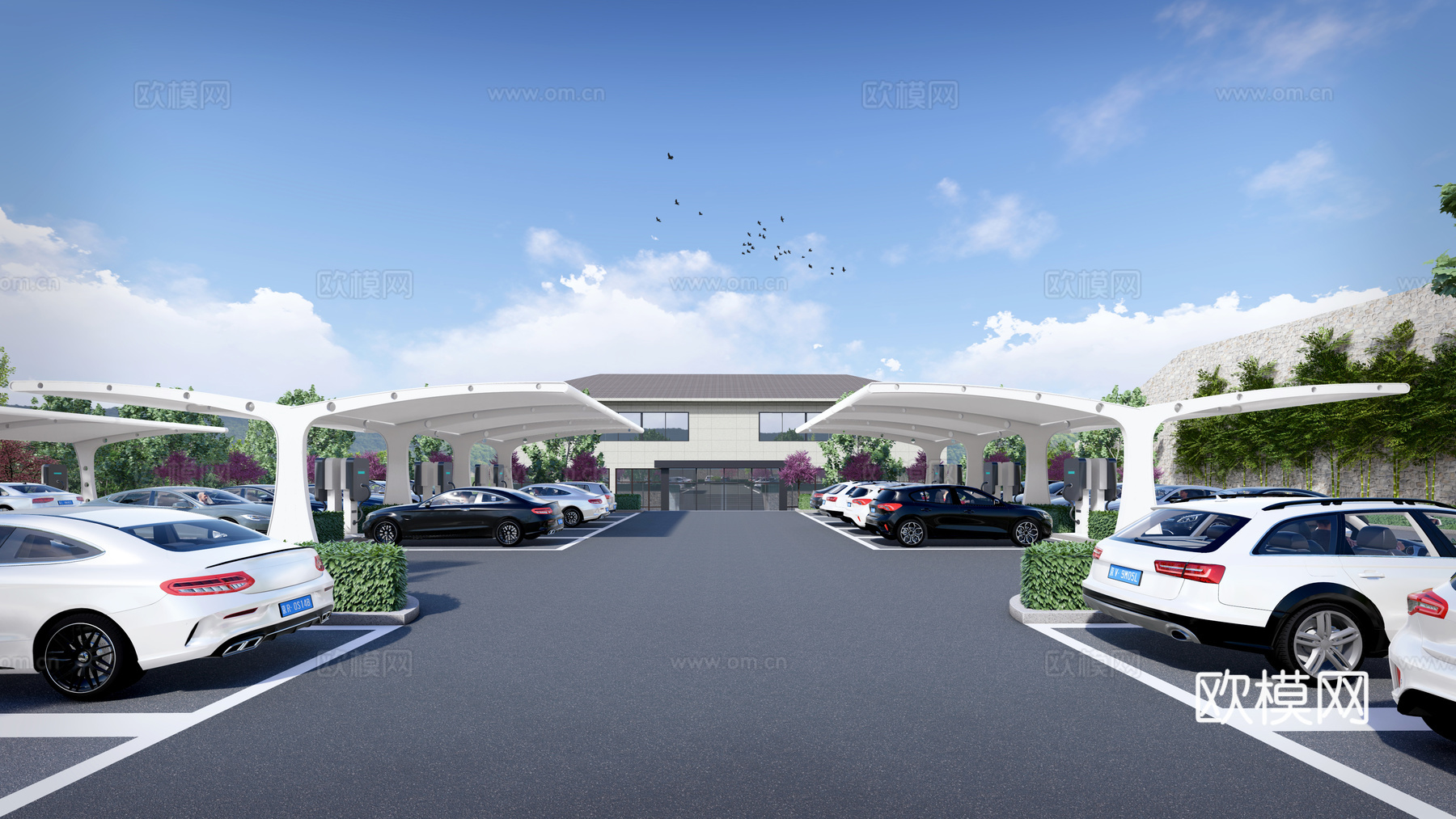 现代停车场 停车场 生态停车场 张拉膜车棚 车棚 新能源su模型