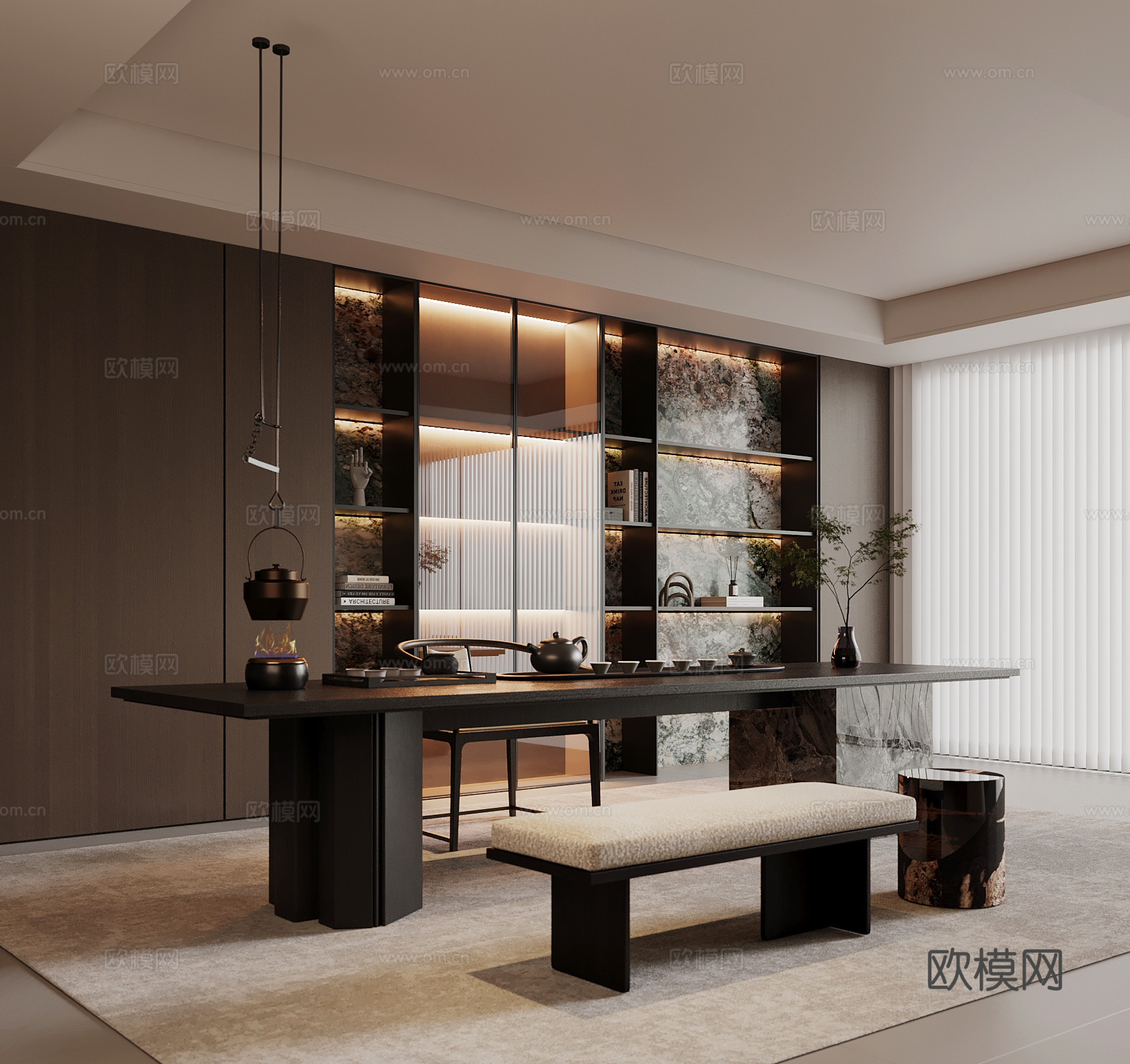 现代意式茶室 茶桌椅 书柜 书房su模型