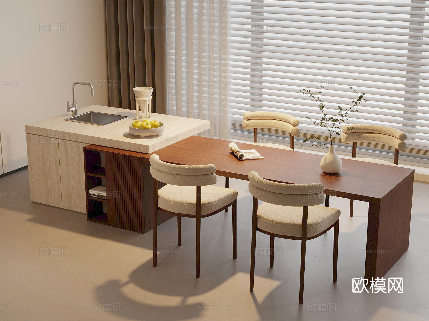 中古风餐桌椅 岛台餐桌椅su模型