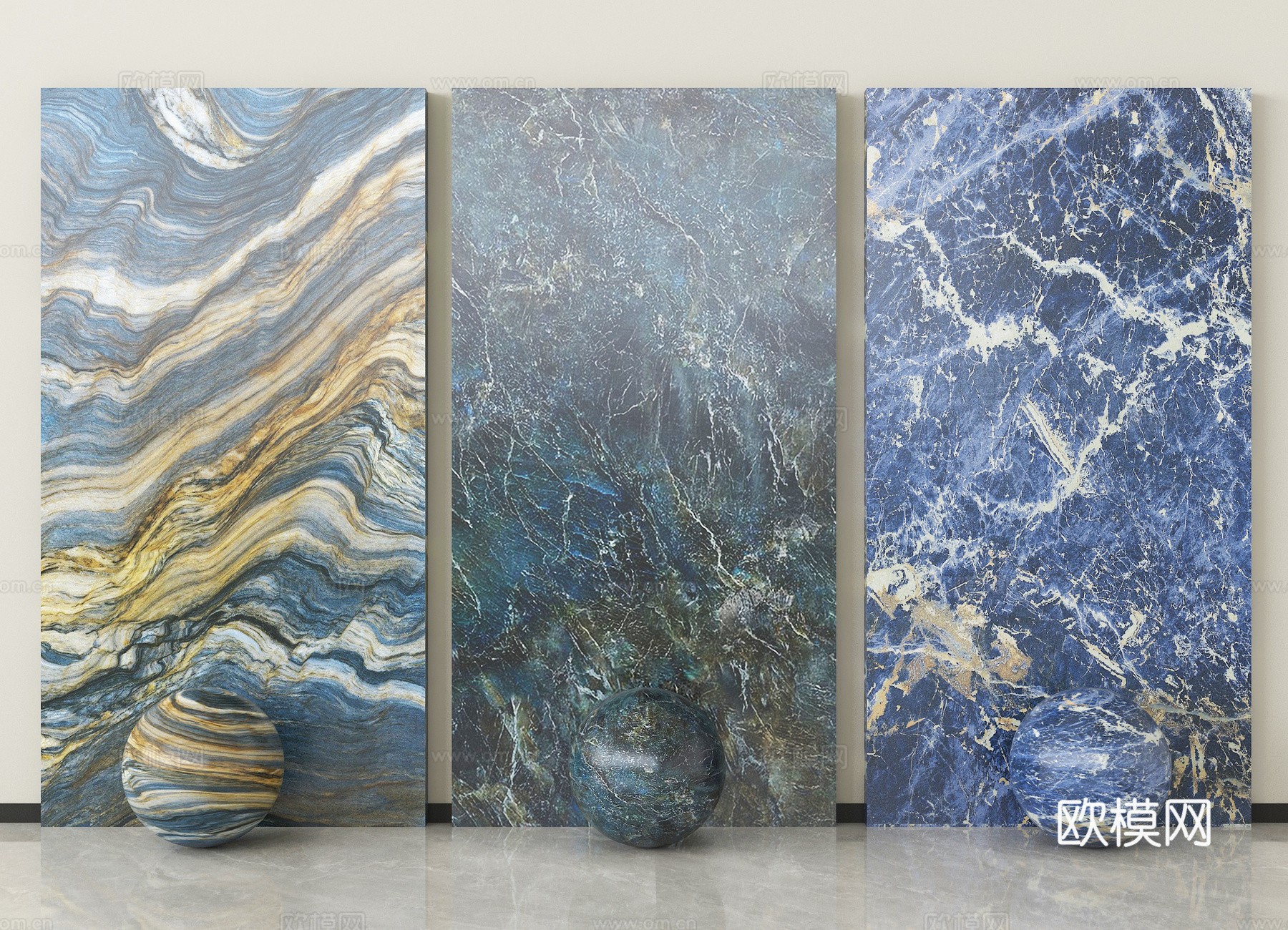 现代石材 蓝色大理石 岩板 护墙板 背景墙su模型