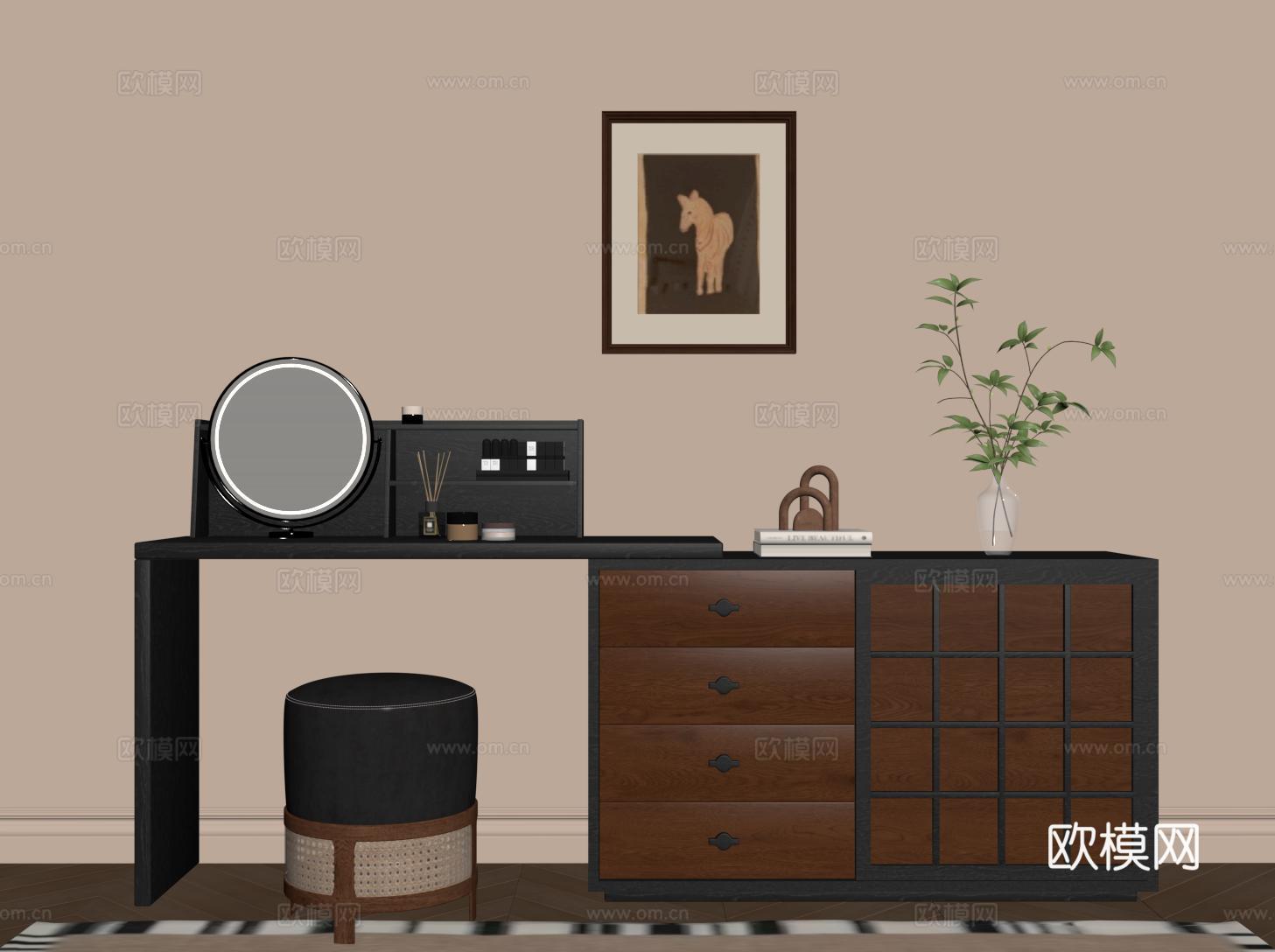 复古中古风梳妆台 化妆台su模型
