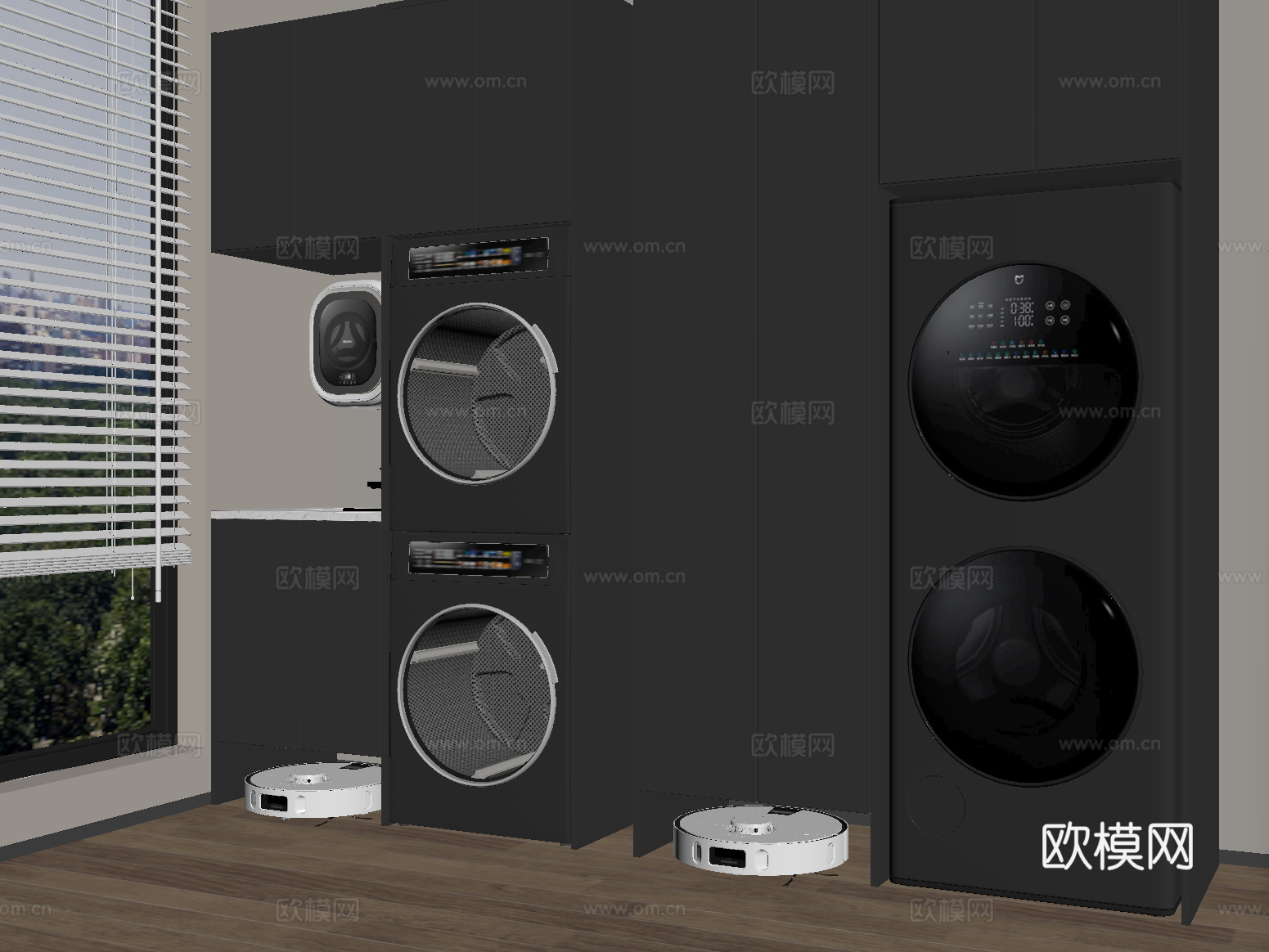 现代洗衣机柜 阳台柜 洗衣机 烘干机 洗烘一体机 壁挂洗衣机su模型