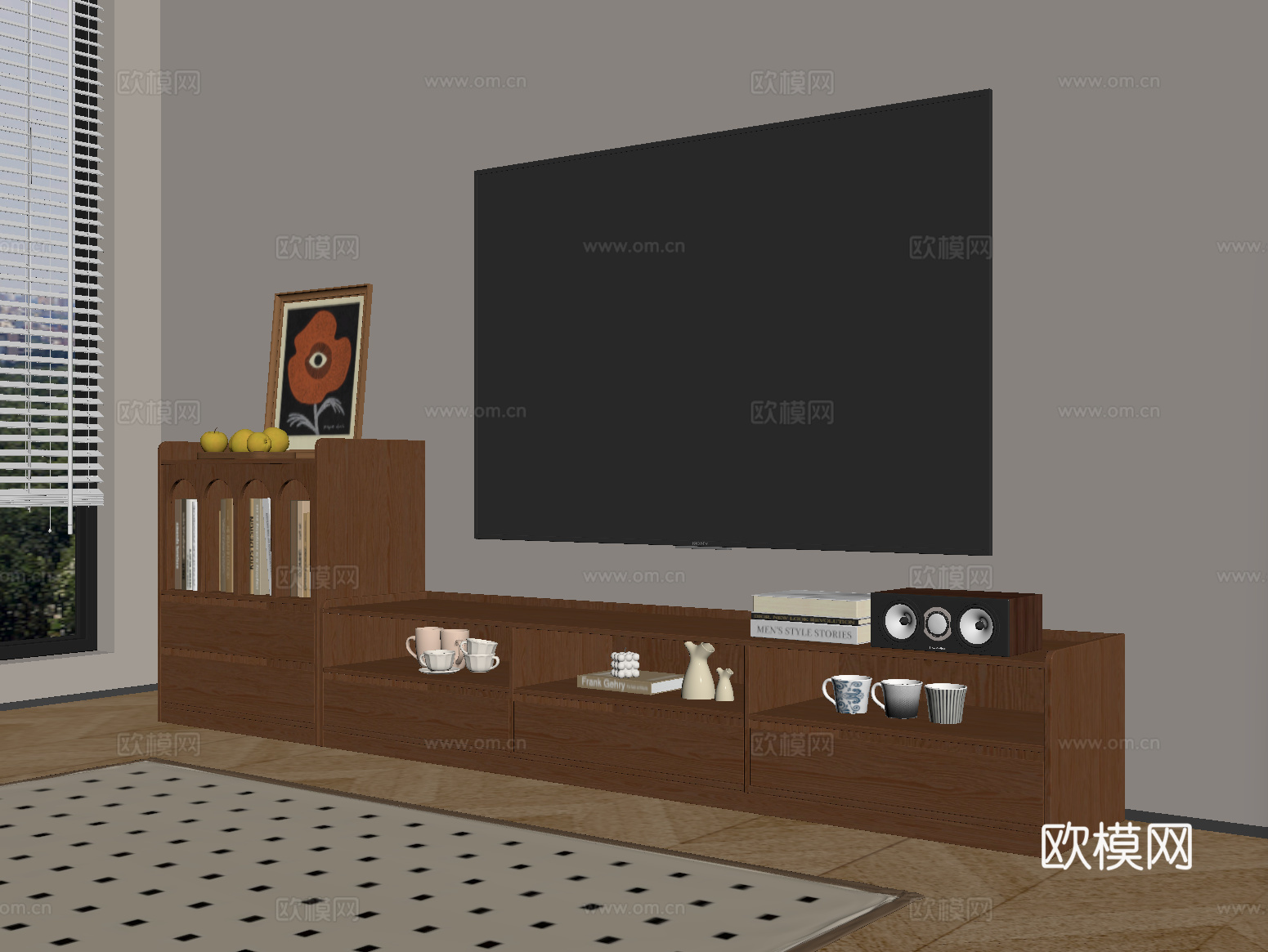新中式电视柜 装饰柜 电视机 摆件su模型下载（渲染图2）